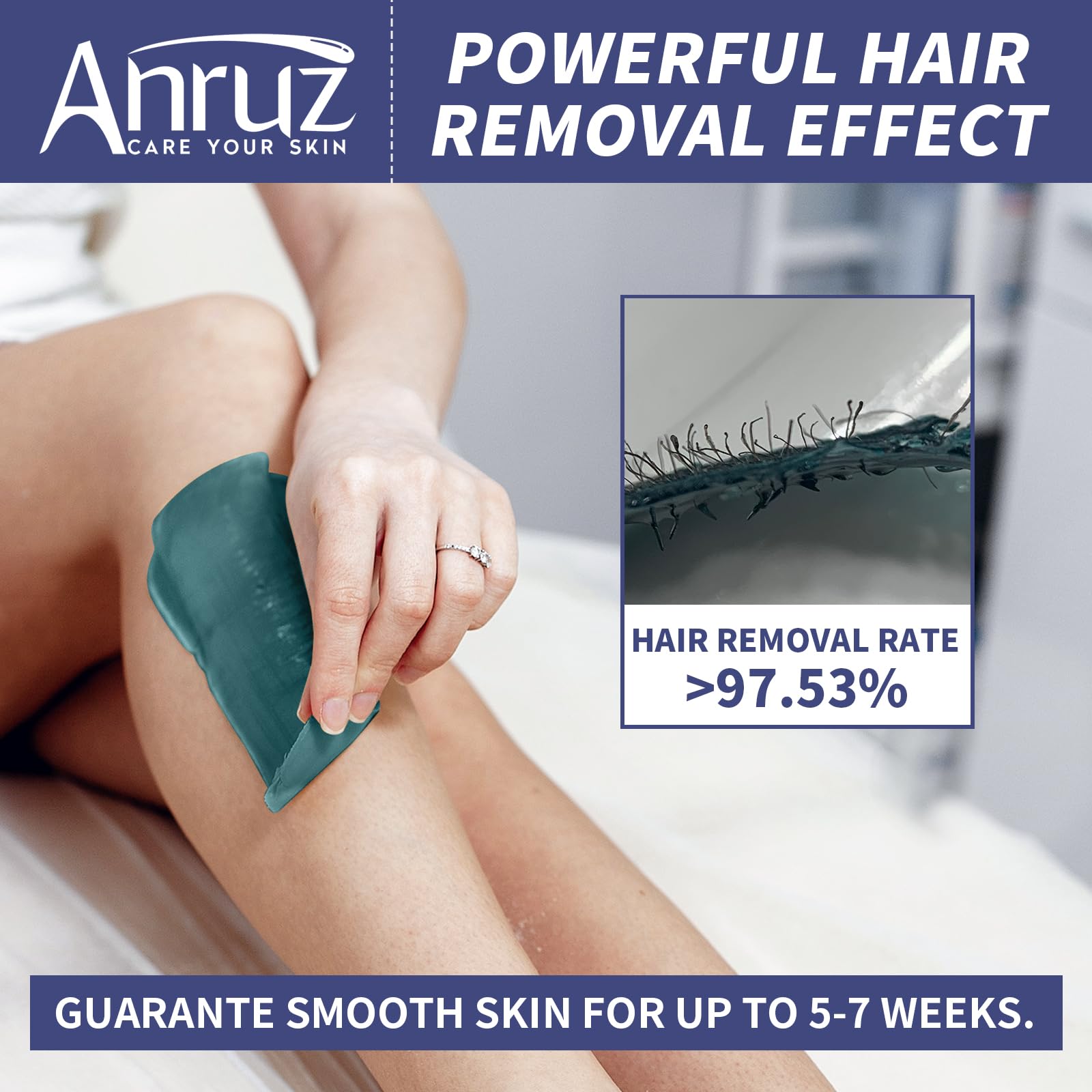 Four bags of ANRUZ wax beads featuring natural ingredients for sensitive skin.