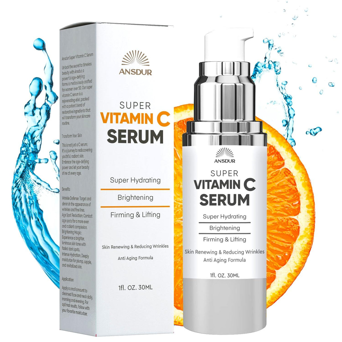 ANSDUR Super Vitamin C Serum bottle front highlights brightening potential.