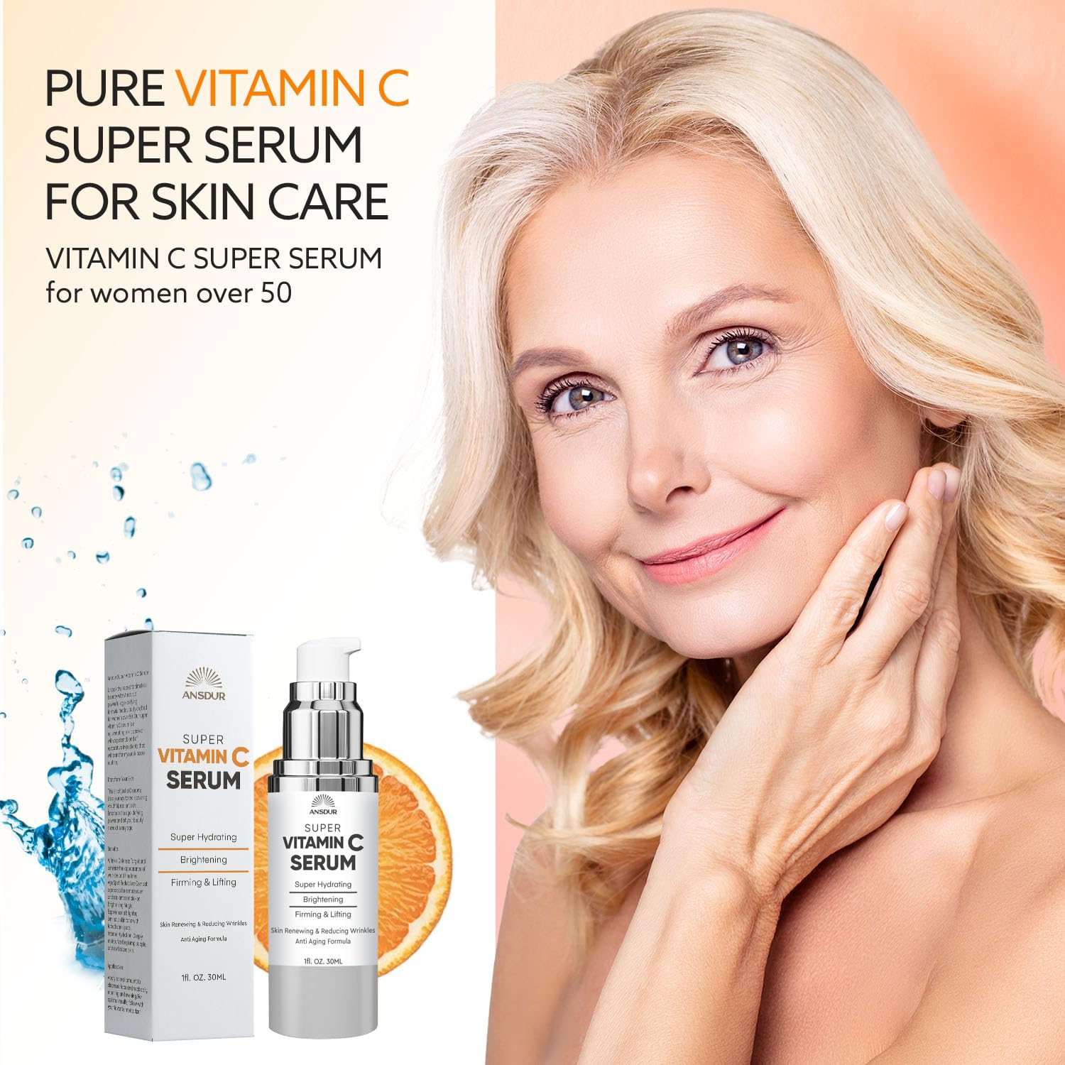 ANSDUR Super Vitamin C Serum dropper applying serum to skin for hydration.