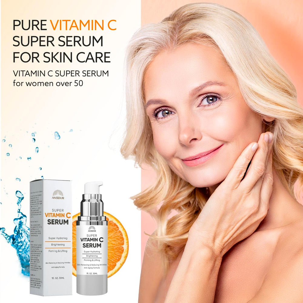 ANSDUR Super Vitamin C Serum dropper applying serum to skin for hydration.