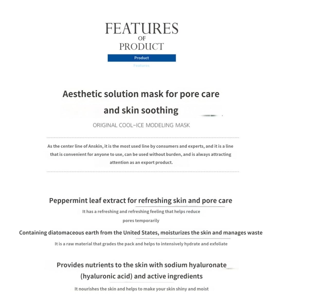 Anskin Modeling Mask Powder Cool Ice packaging highlights hygienic use and portability