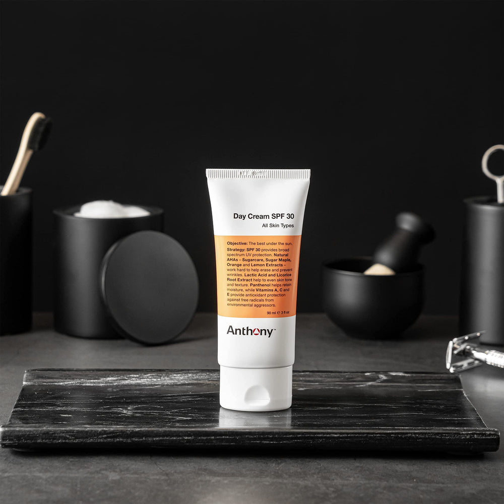 Anthony Day Cream SPF 30 bottle open reveals quick absorbing moisturizer