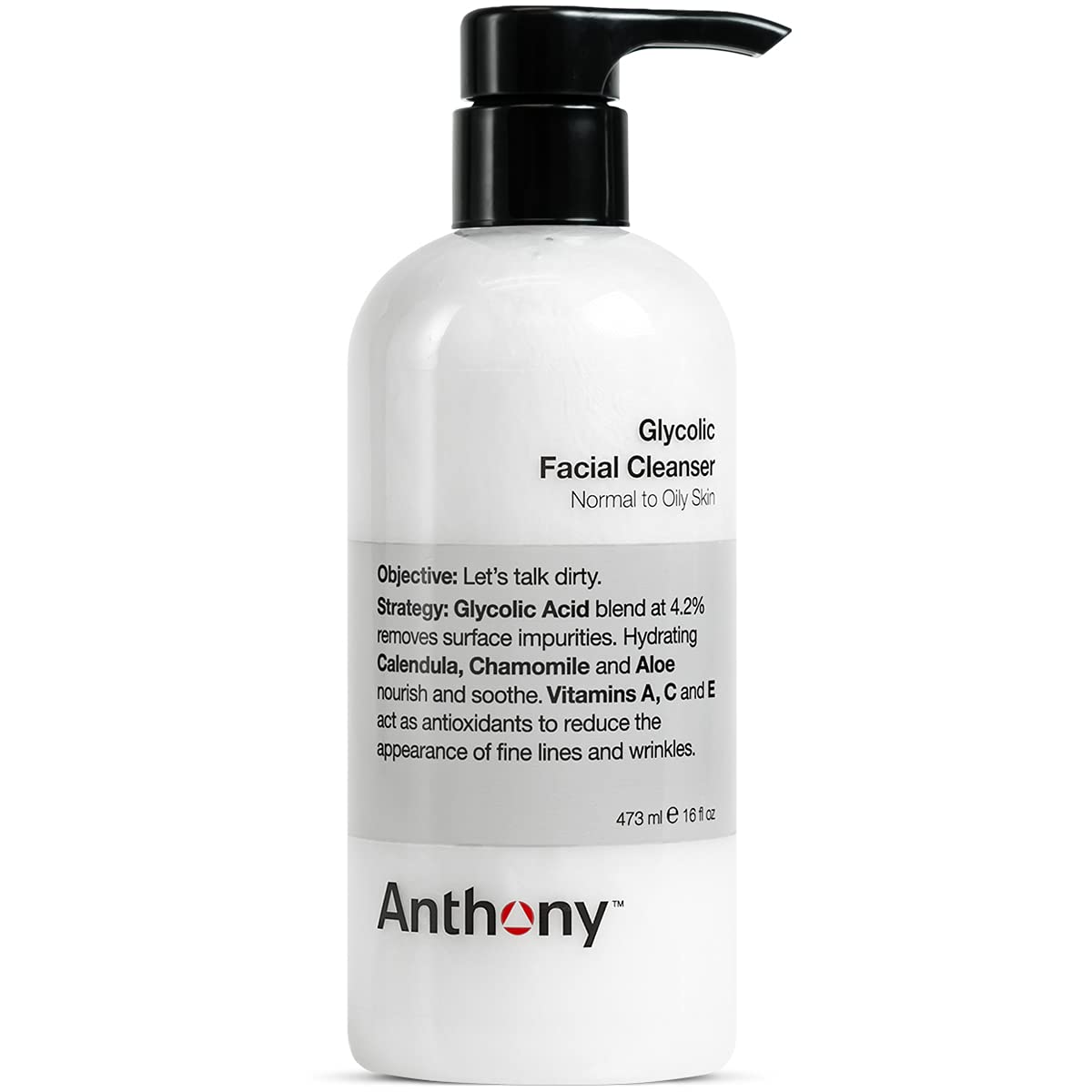 Anthony Glycolic Facial Cleanser bottle pour for daily exfoliation and shave prep.