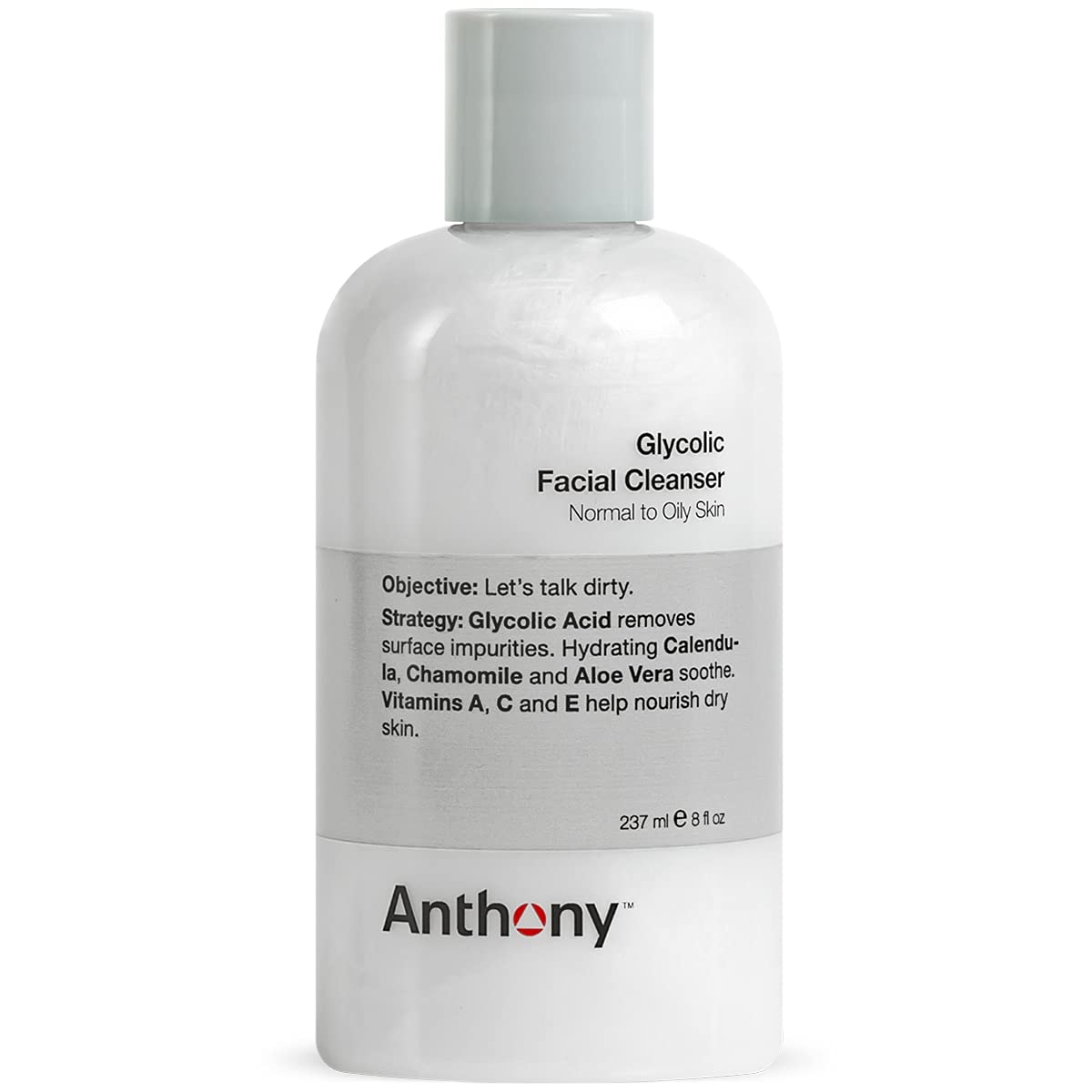 Anthony Glycolic Facial Cleanser bottle pour showing deep cleansing and pore refinement