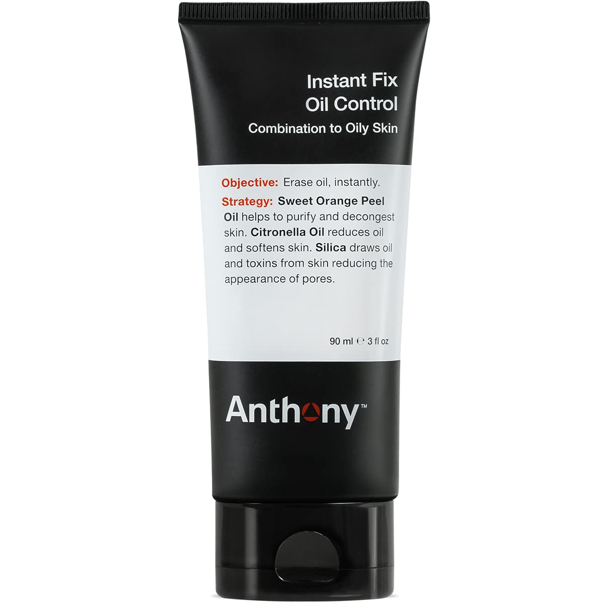 Anthony Instant Fix bottle closeup shows oil absorption for a matte finish.