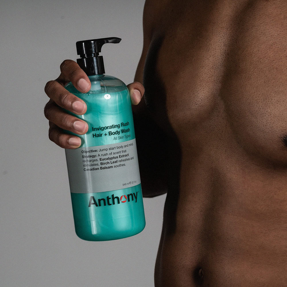 Anthony Invigorating Rush foam close-up showing rich lather and skin hydration