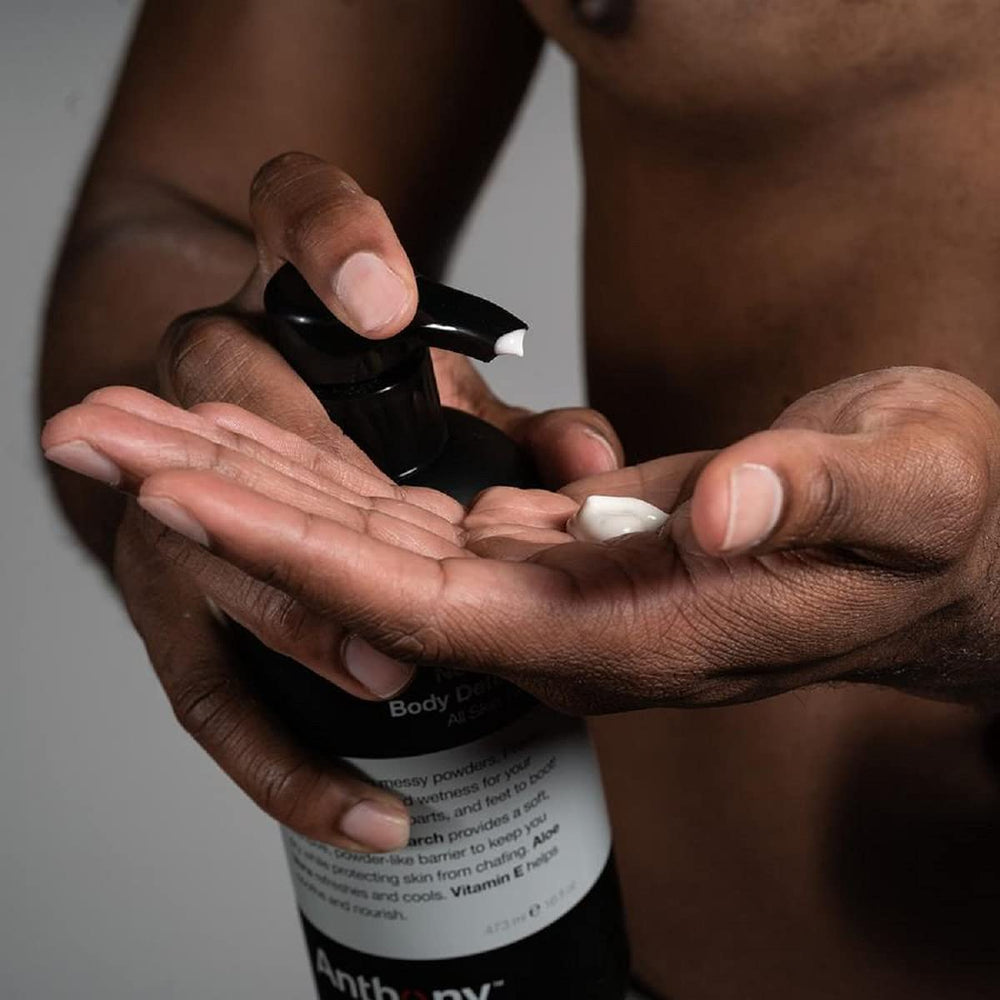 Anthony No Sweat Body Defense Deodorant shown on groin area for chafe prevention during activity