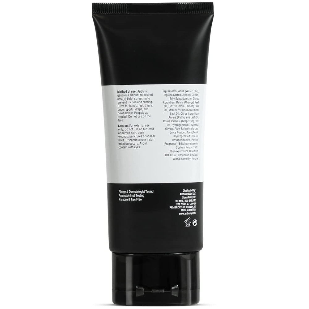 Anthony No Sweat Body Defense Deodorant packaging emphasizing talc-free formula and travel-friendly size