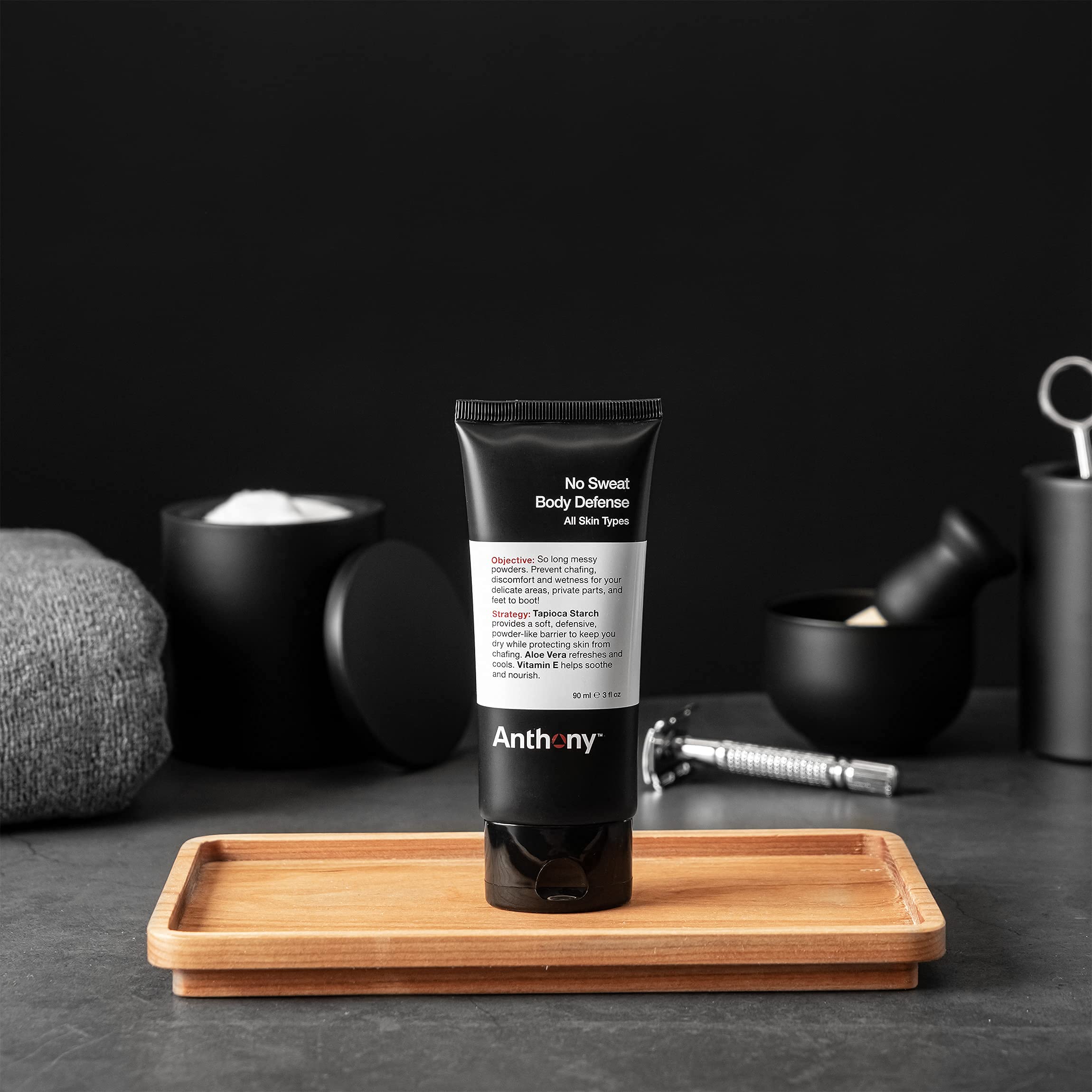 Anthony No Sweat Body Defense Deodorant underarms application highlighting cooling aloe and moisture control