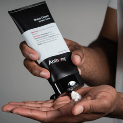 Anthony shaving cream on face shows rich lather for comfortable beard softening
