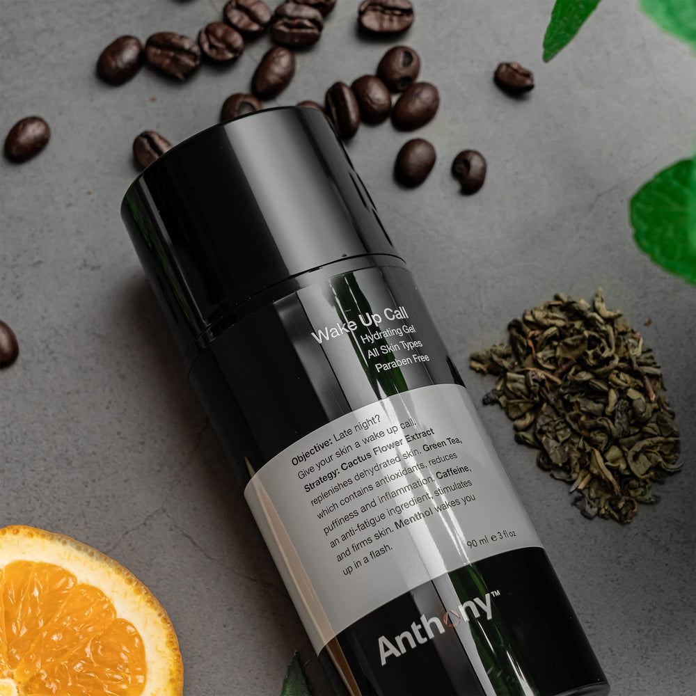 Anthony Wake Up Call ingredients panel highlights caffeine and green tea for the skin.