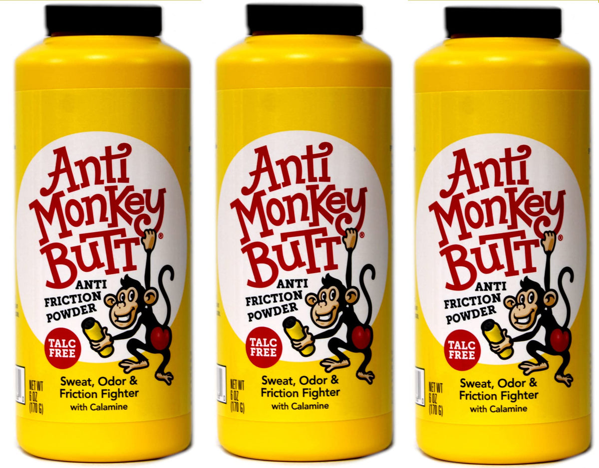 Anti Monkey Butt powder jar closeup; silky texture for all-day dryness.