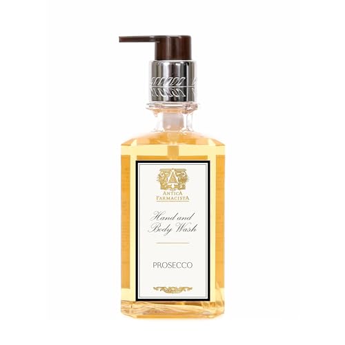 Antica Farmacista Prosecco Hand Wash bottle shows luxurious cleansing with hydrating skin benefits.