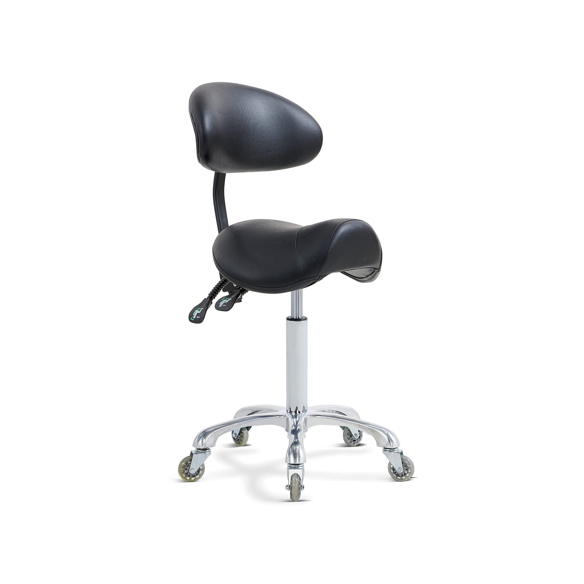 Antlu saddle stool with back support rolls quietly for smooth salon work