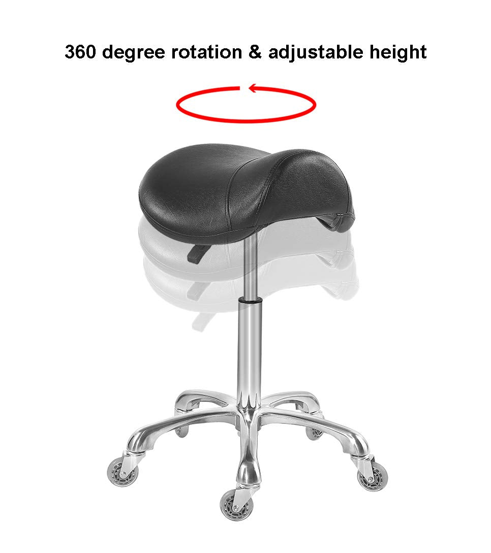 Antlu saddle stool on wood floor with protective wheels protecting surface.