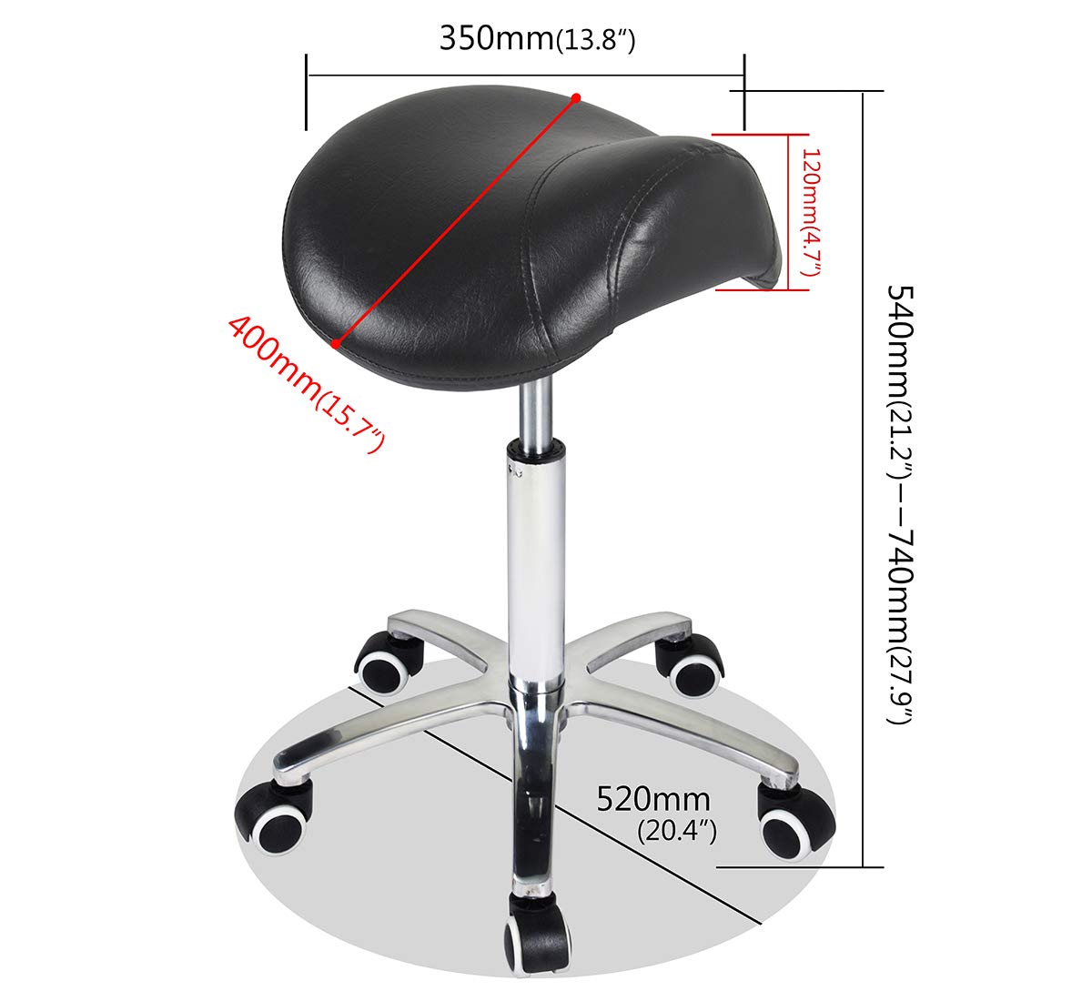 Antlu saddle stool rolling chair height-adjustment view highlights 54–74 cm range