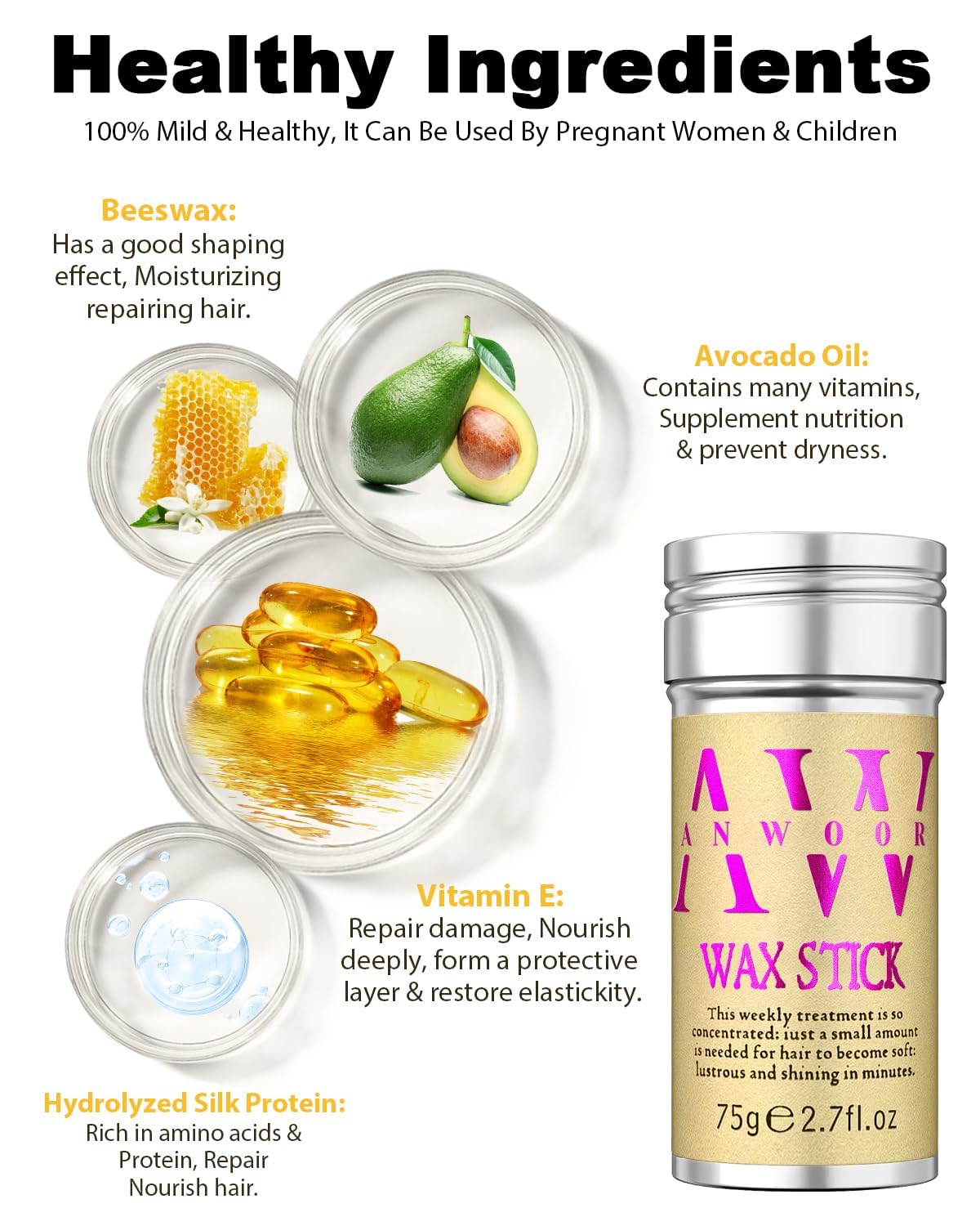 AnWoor wax stick nourishing-ingredients highlights beeswax avocado and castor oils.