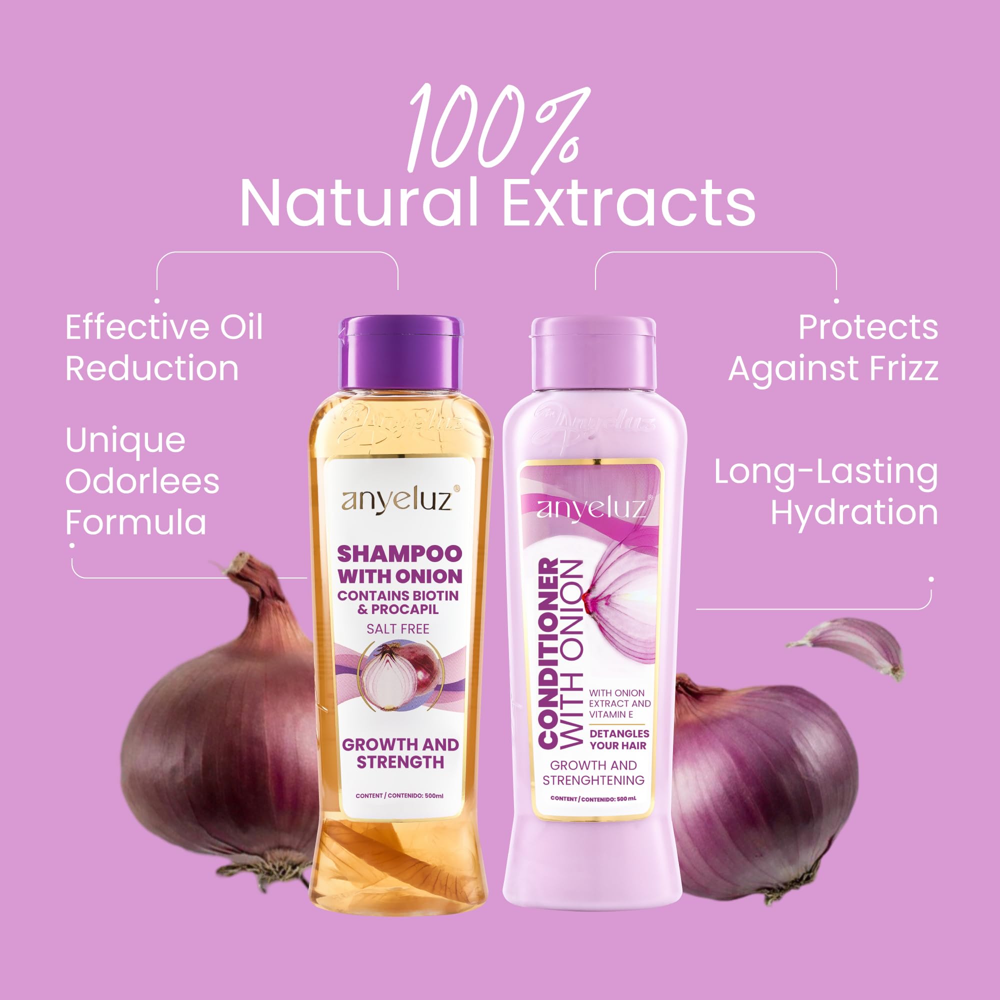 Anyeluz Onion Conditioner bottle closeup highlighting conditioning formula.
