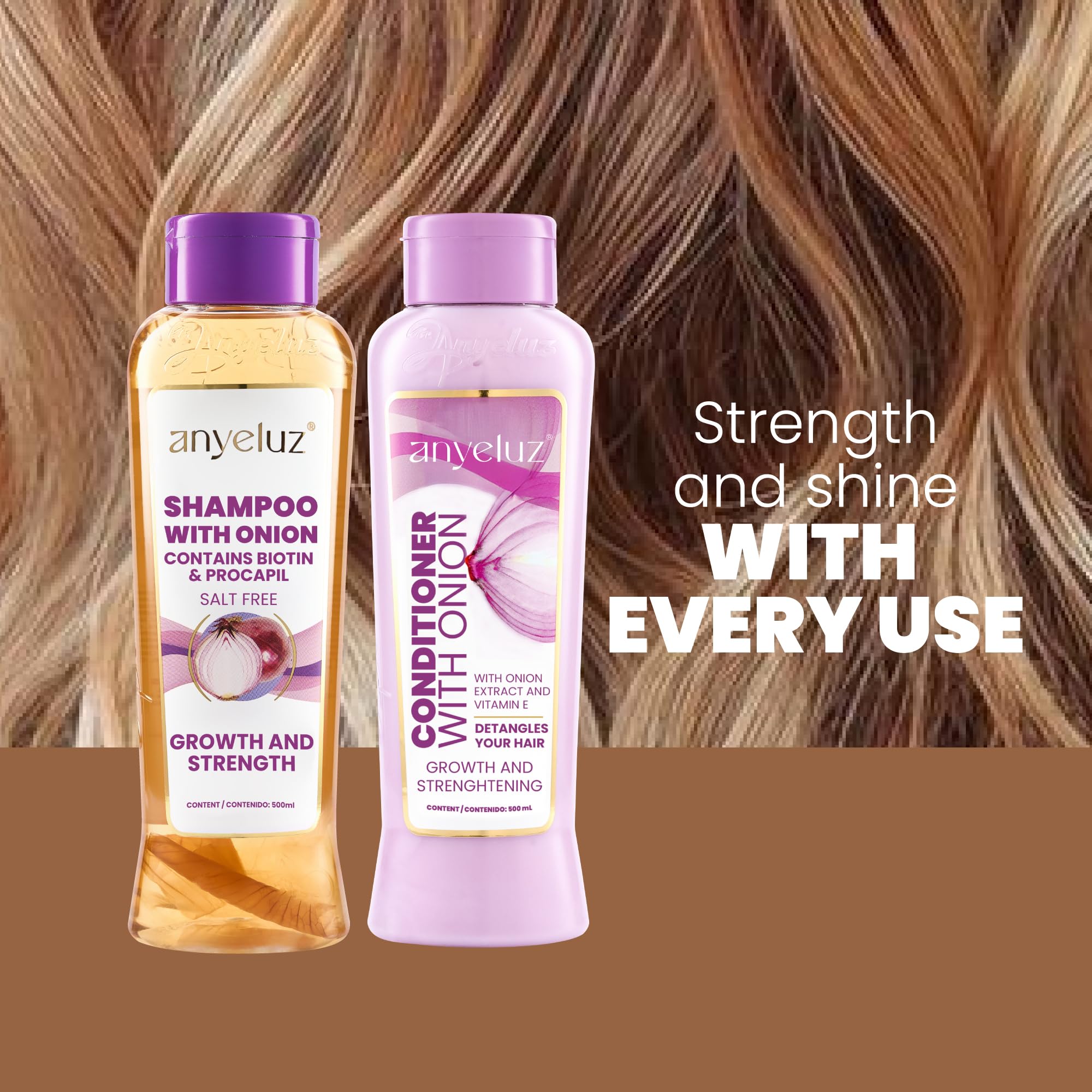 Anyeluz Onion Shampoo bottle closeup displaying onion infusion visible.