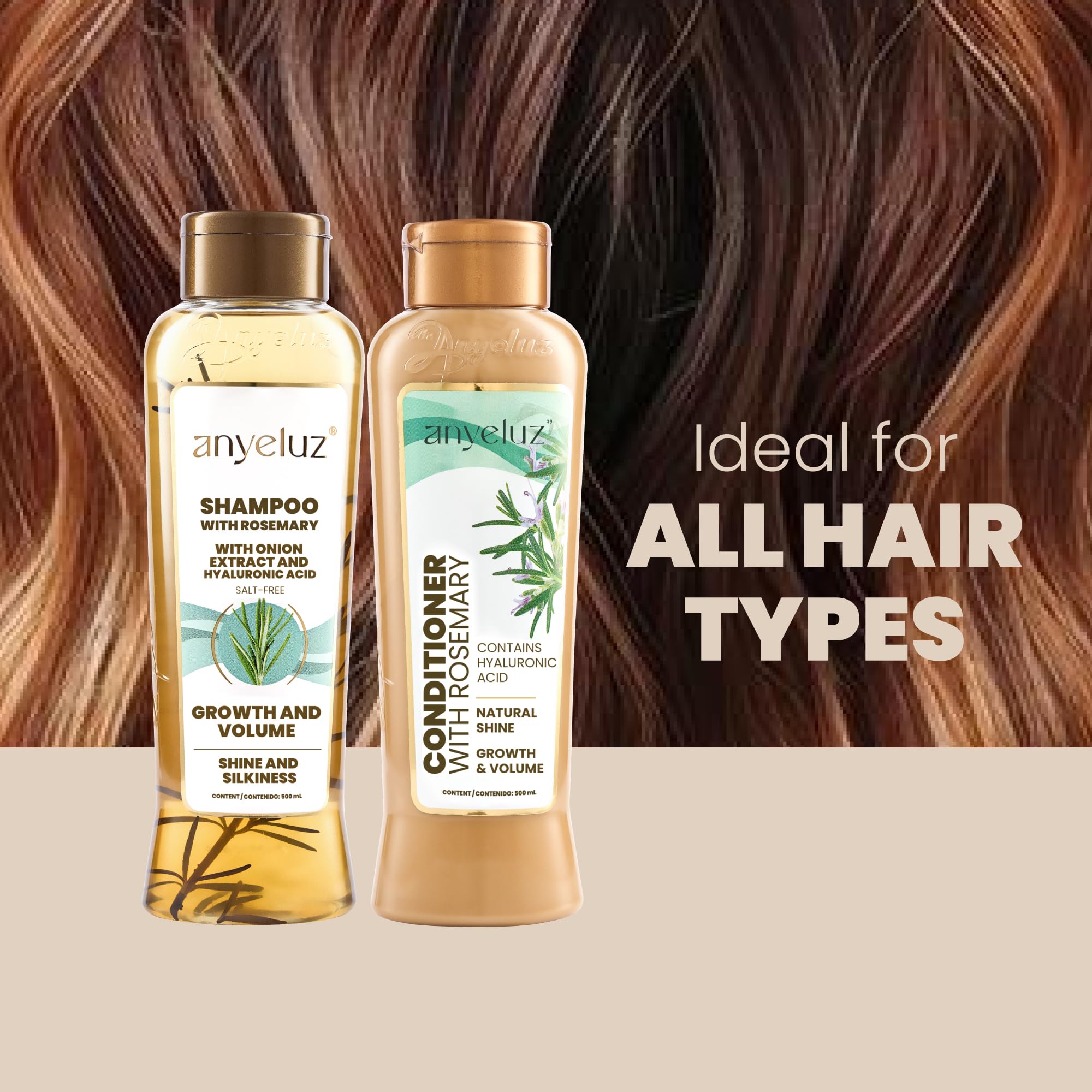ANYELUZ hyaluronic-acid drop highlights hydration for soft hair.