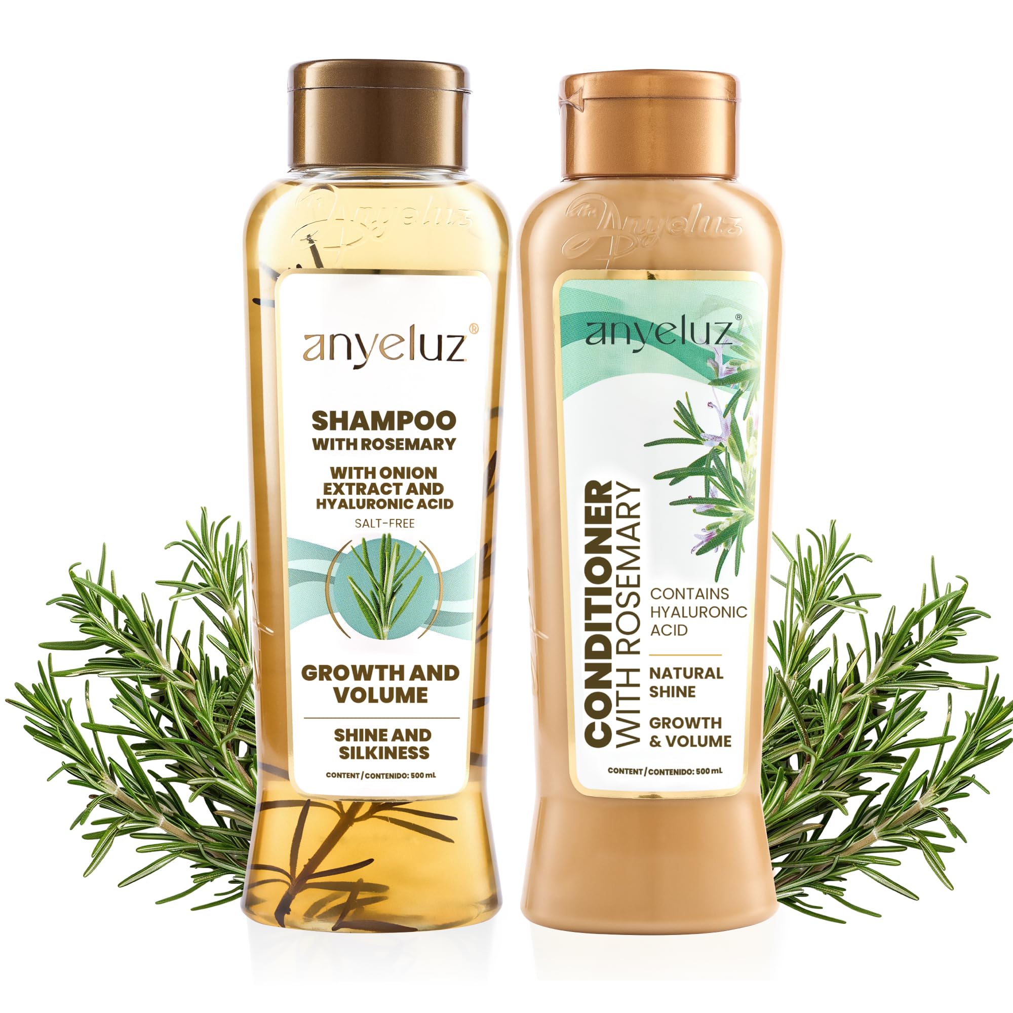 ANYELUZ Rosemary Shampoo bottle offers a refreshing scent for daily cleansing.
