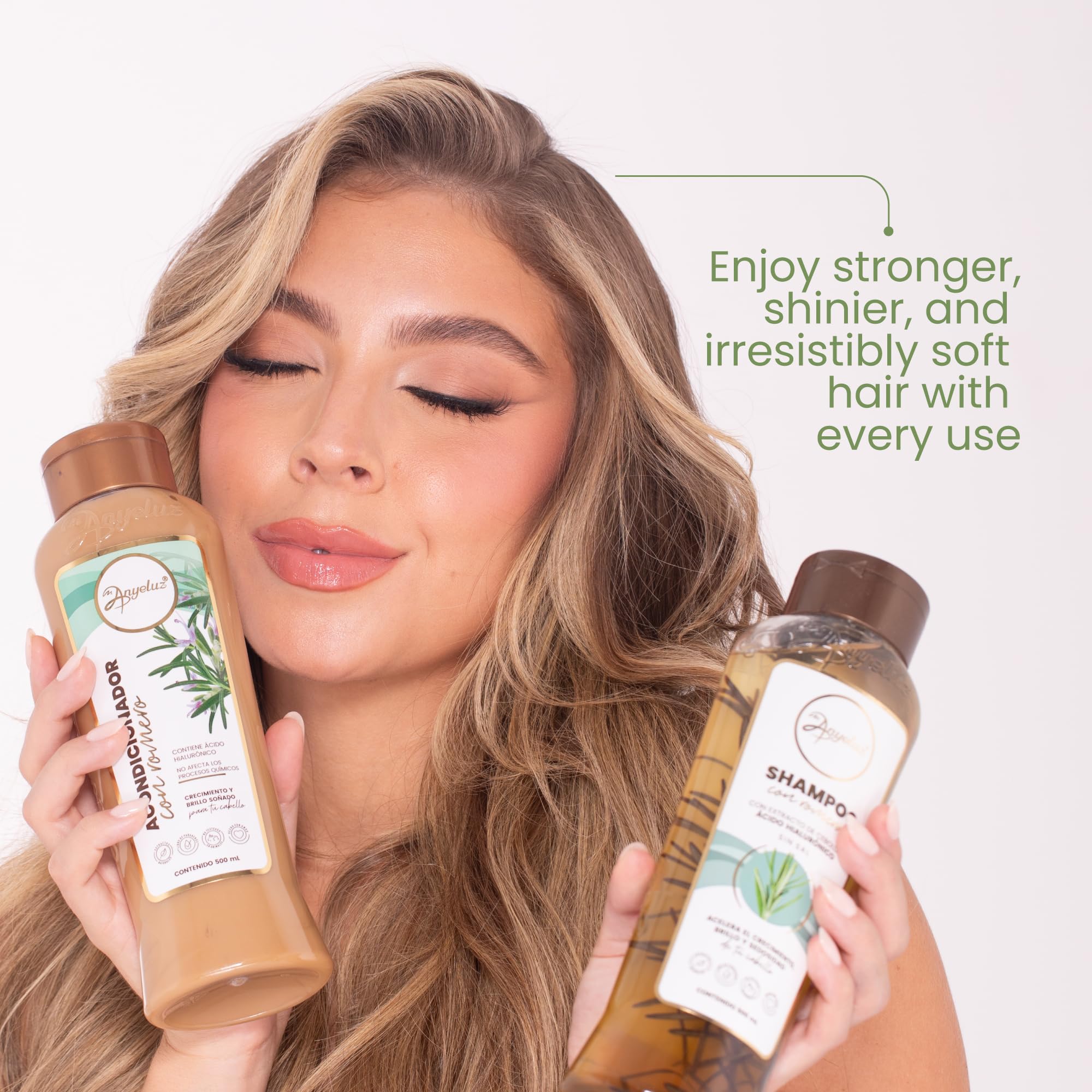 Anyeluz Rosemary Shampoo before-after image illustrating added volume and shine.