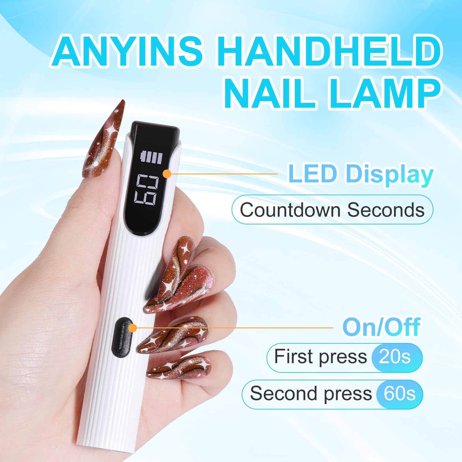 ANYINS handheld UV light side view highlights portable cordless use.