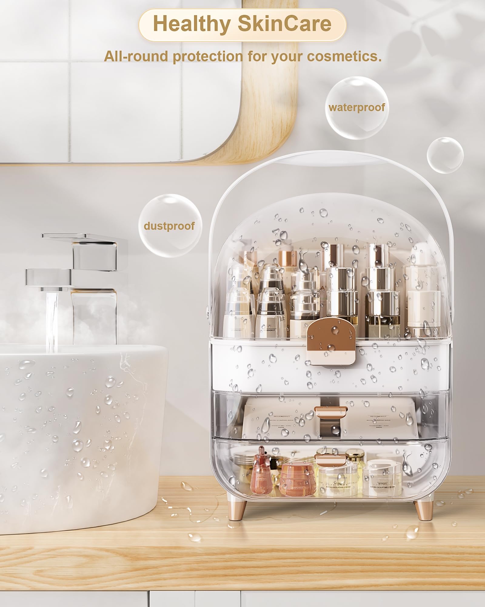 Anylady bathroom counter rose gold tall bottles storage example