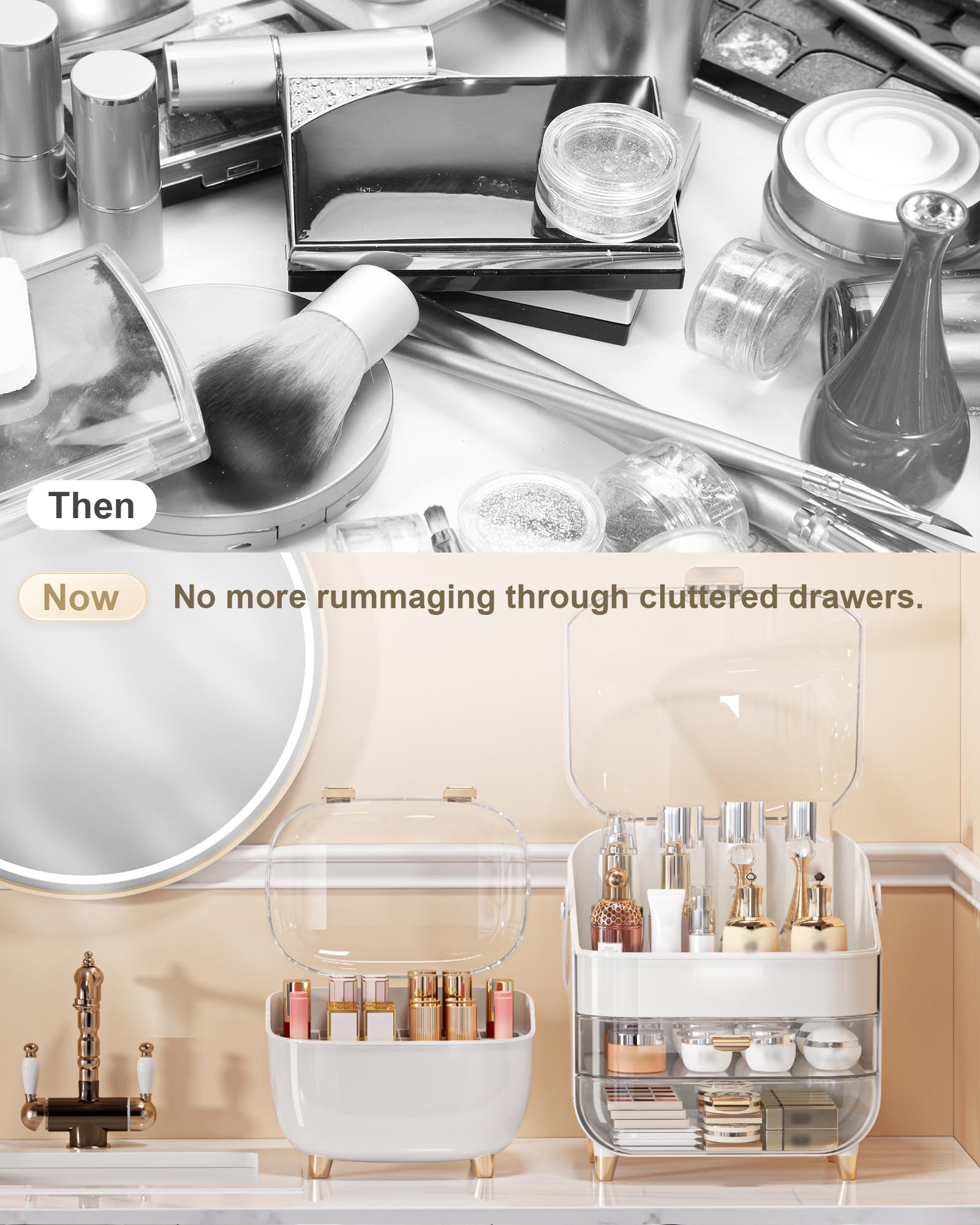 Anylady bathroom countertop organizer rose gold helps protect brushes from dust.