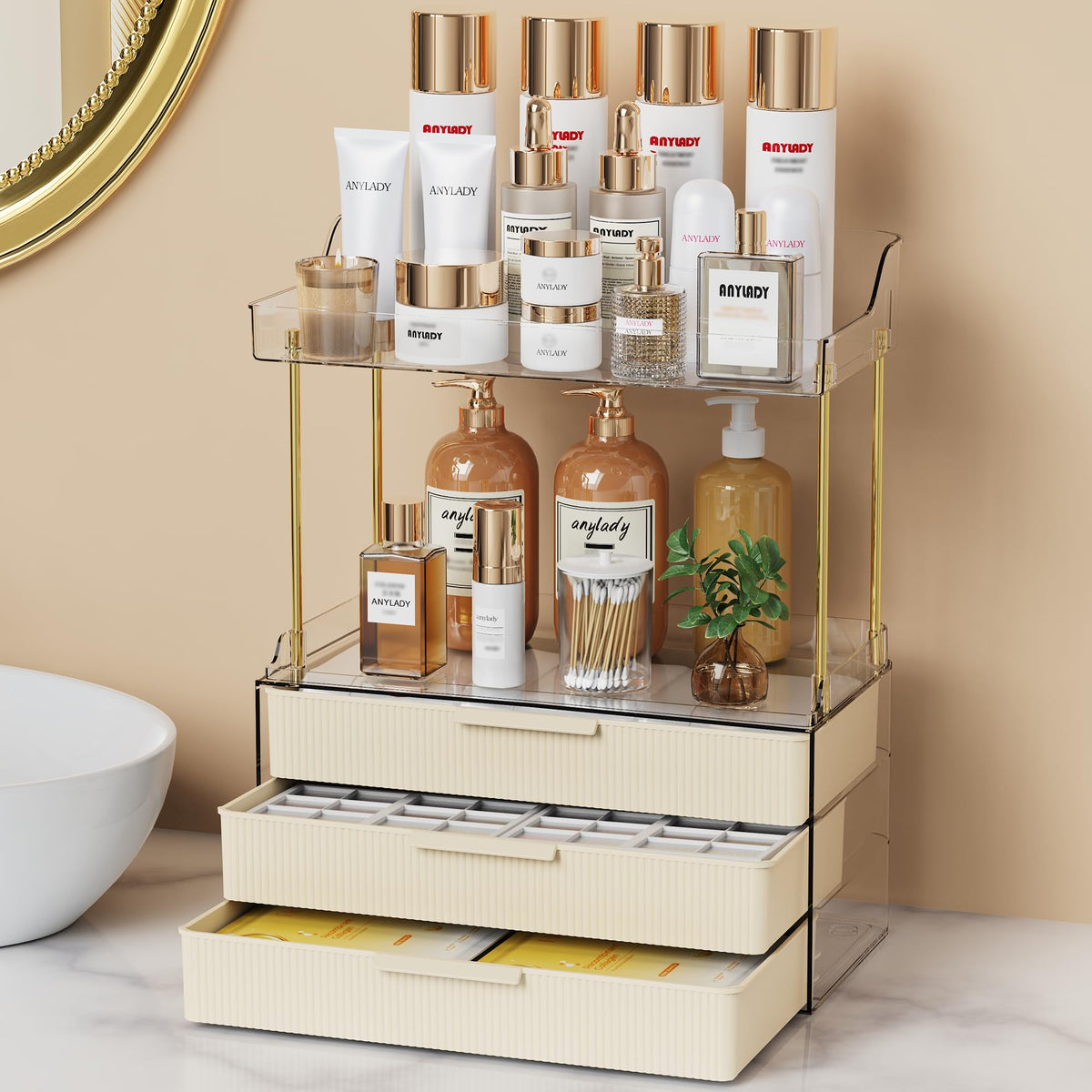 Anylady bathroom organizer multi-layer drawer setup for vanity and counter storage