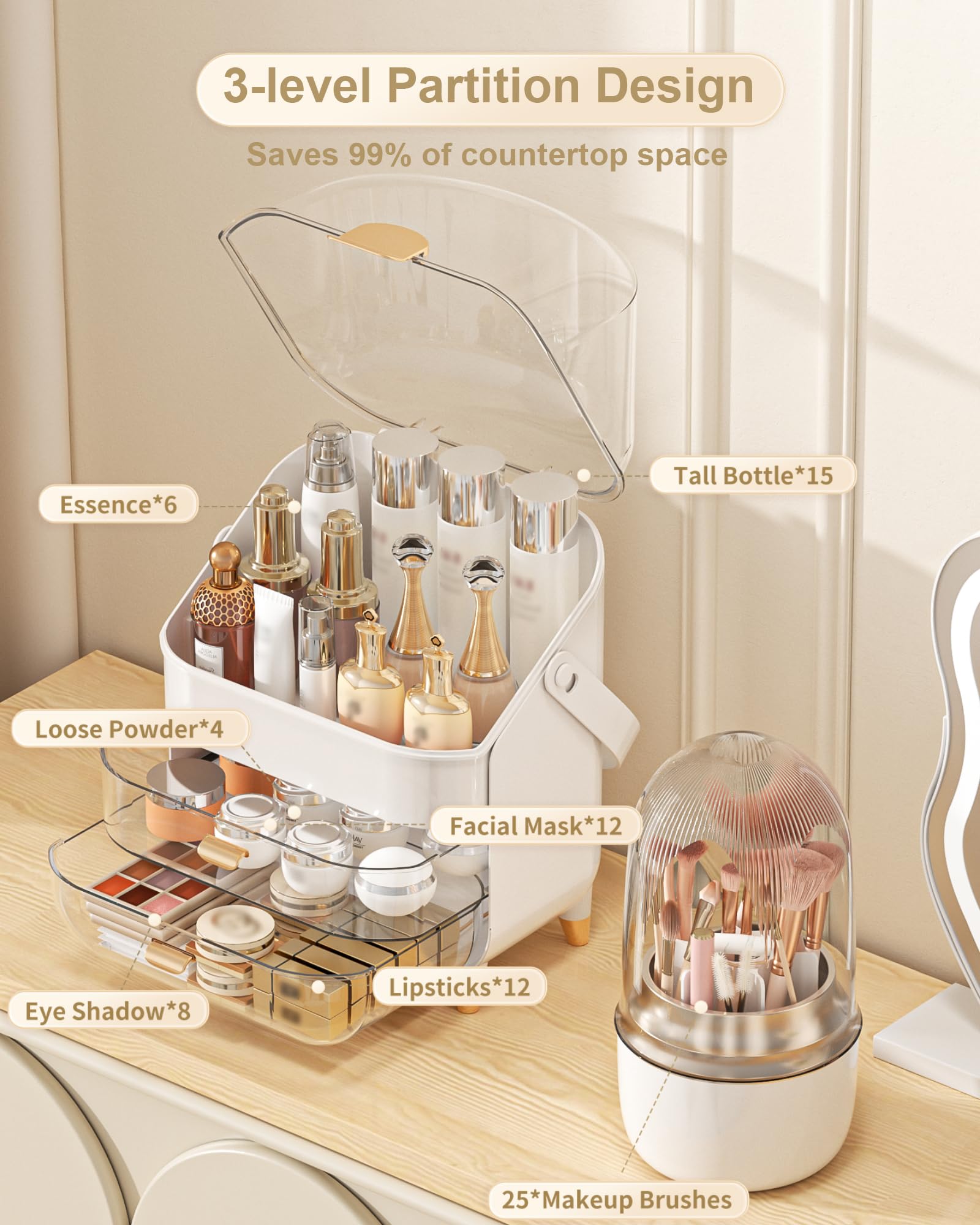 Anylady cosmetic display case rose gold interior view with clear lid