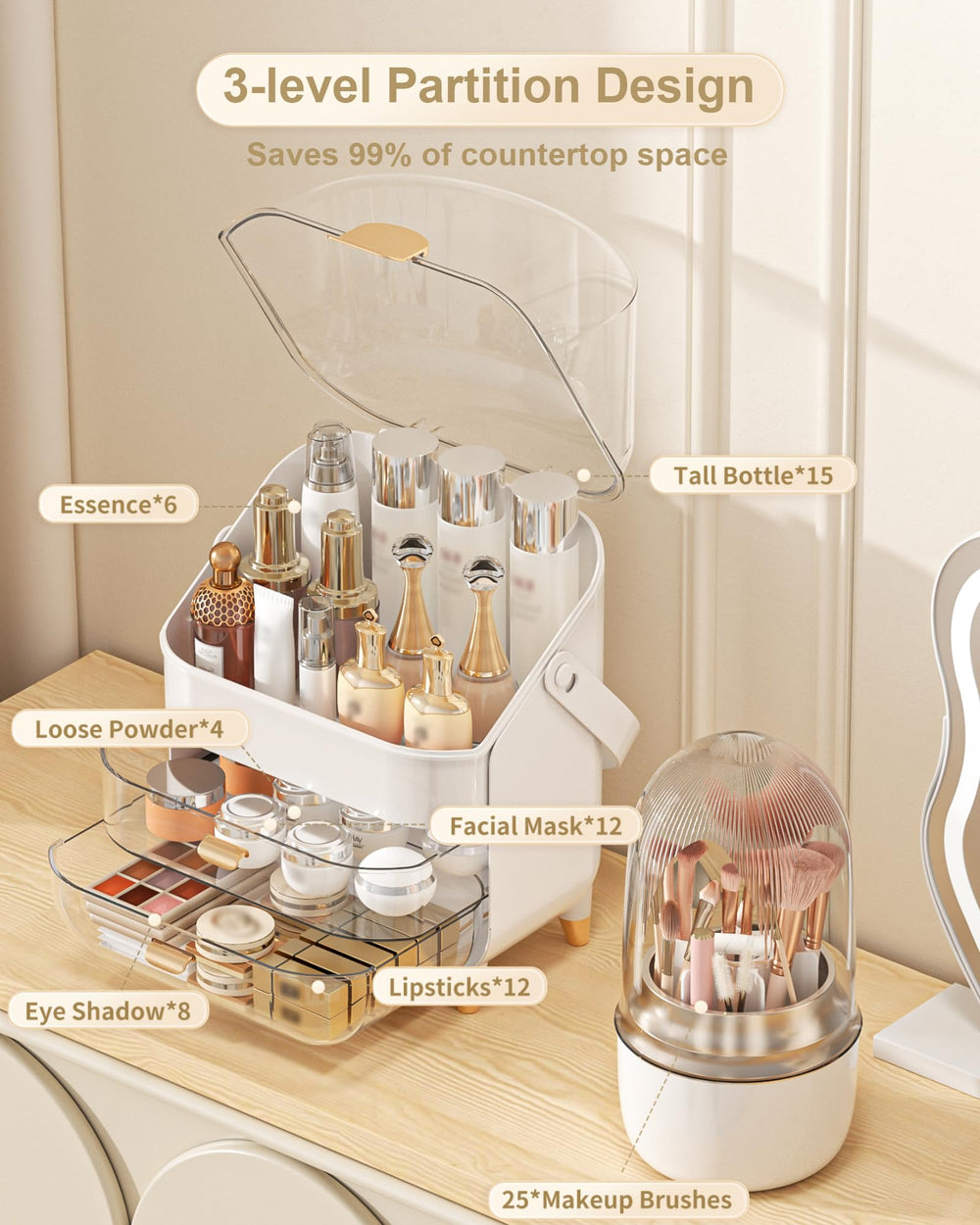 Anylady cosmetic display case rose gold interior view with clear lid