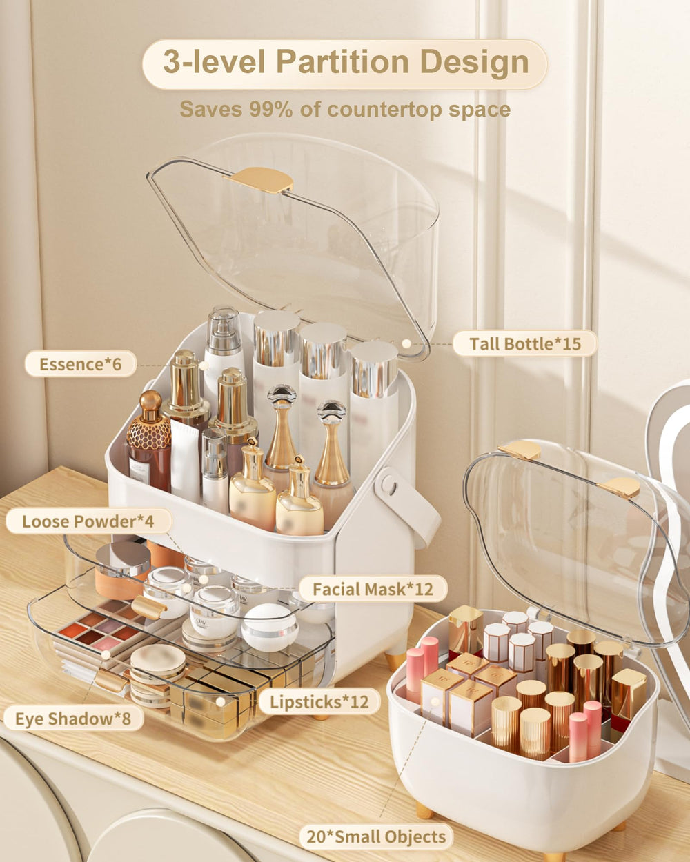 Anylady cosmetic display rose gold keeps brushes, palettes, and perfumes at hand.