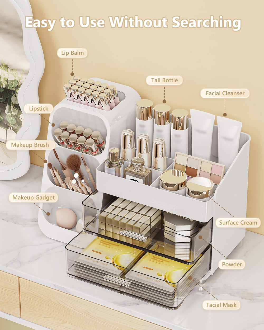 AnyLady cosmetics storage on a countertop keeps items visible and easy to grab.
