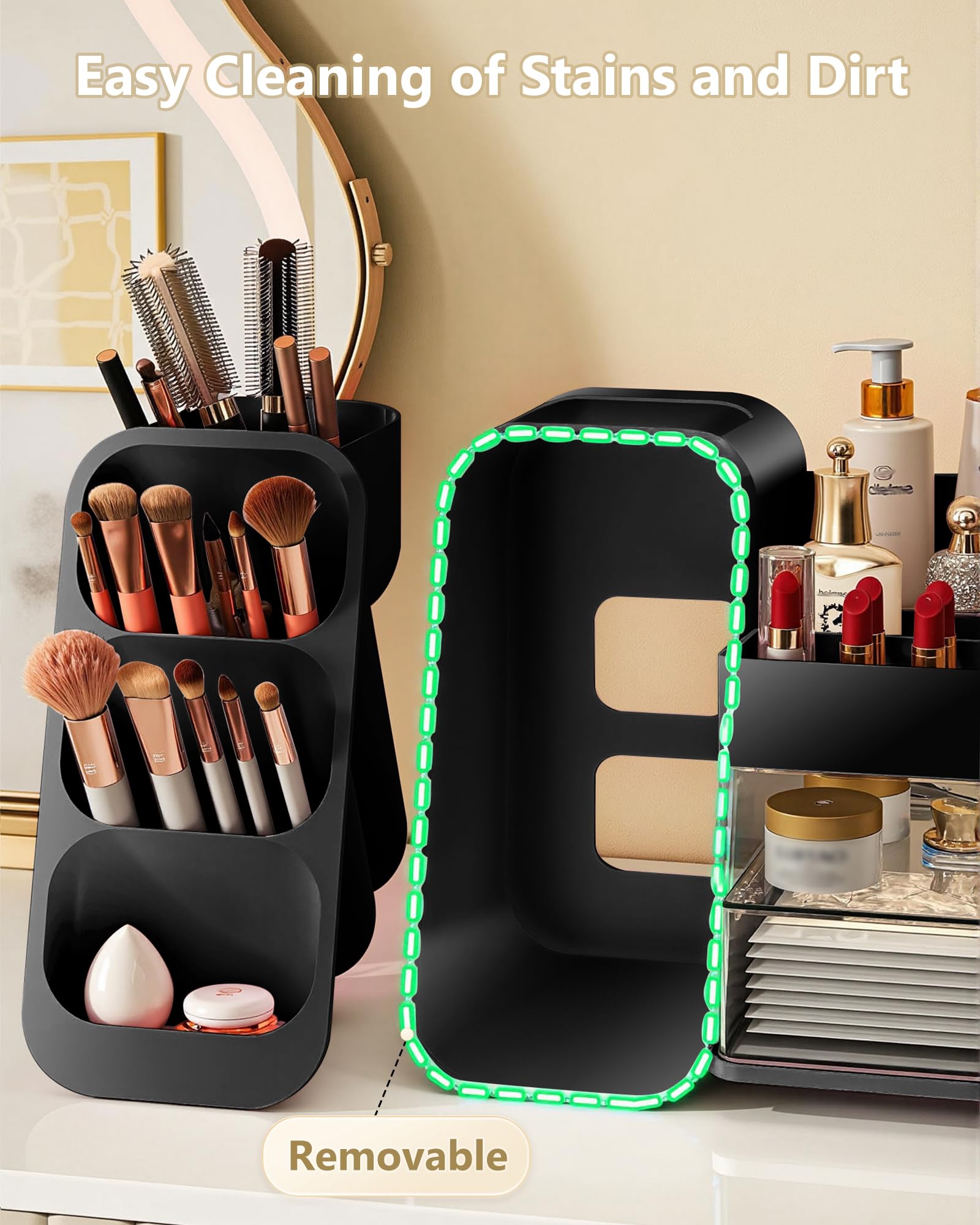 Anylady detachable-easy-clean-sections-black enables quick wipe-downs after makeup sessions.