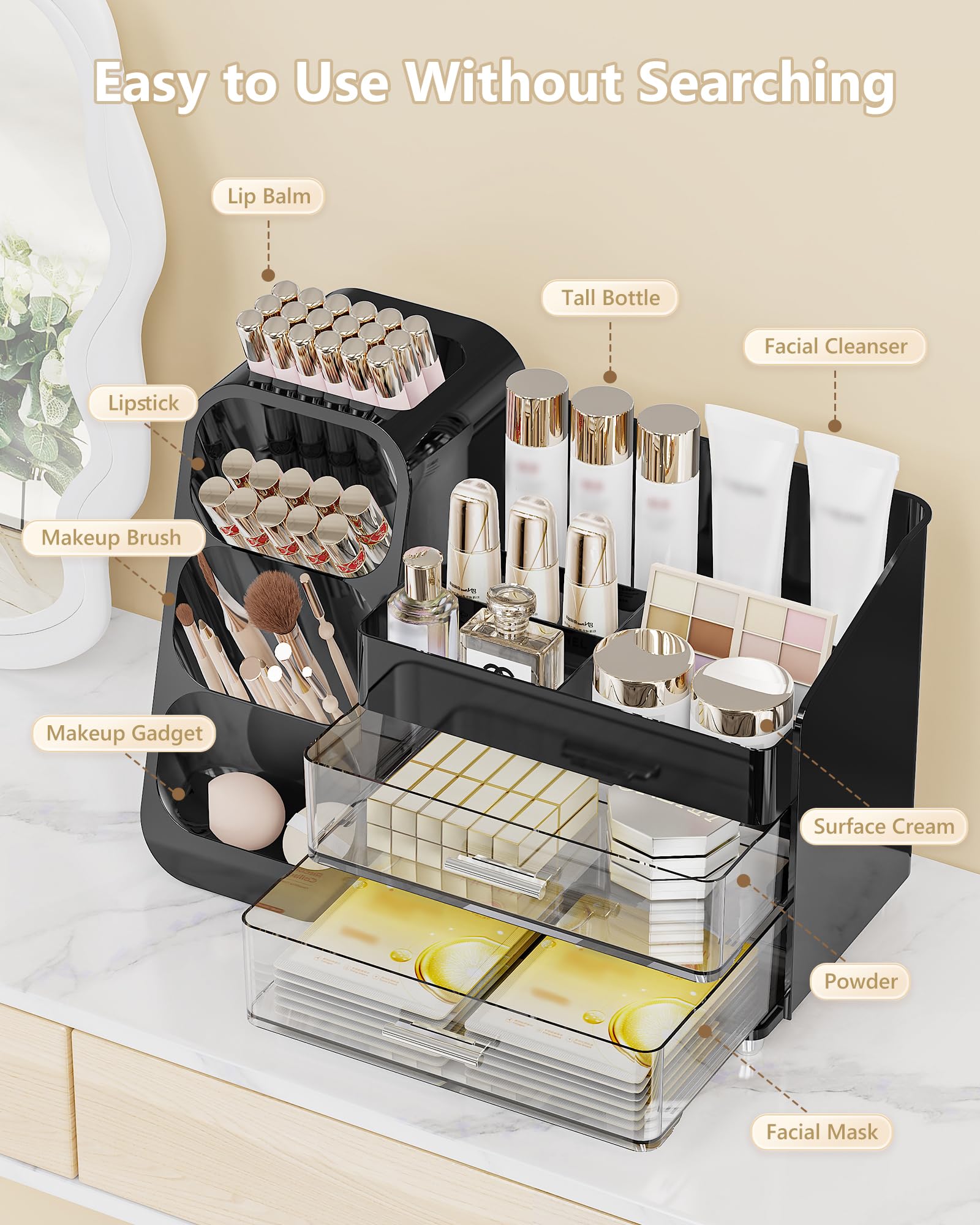 Anylady dresser-vanity-organization-black elevates space with easy access to daily essentials.