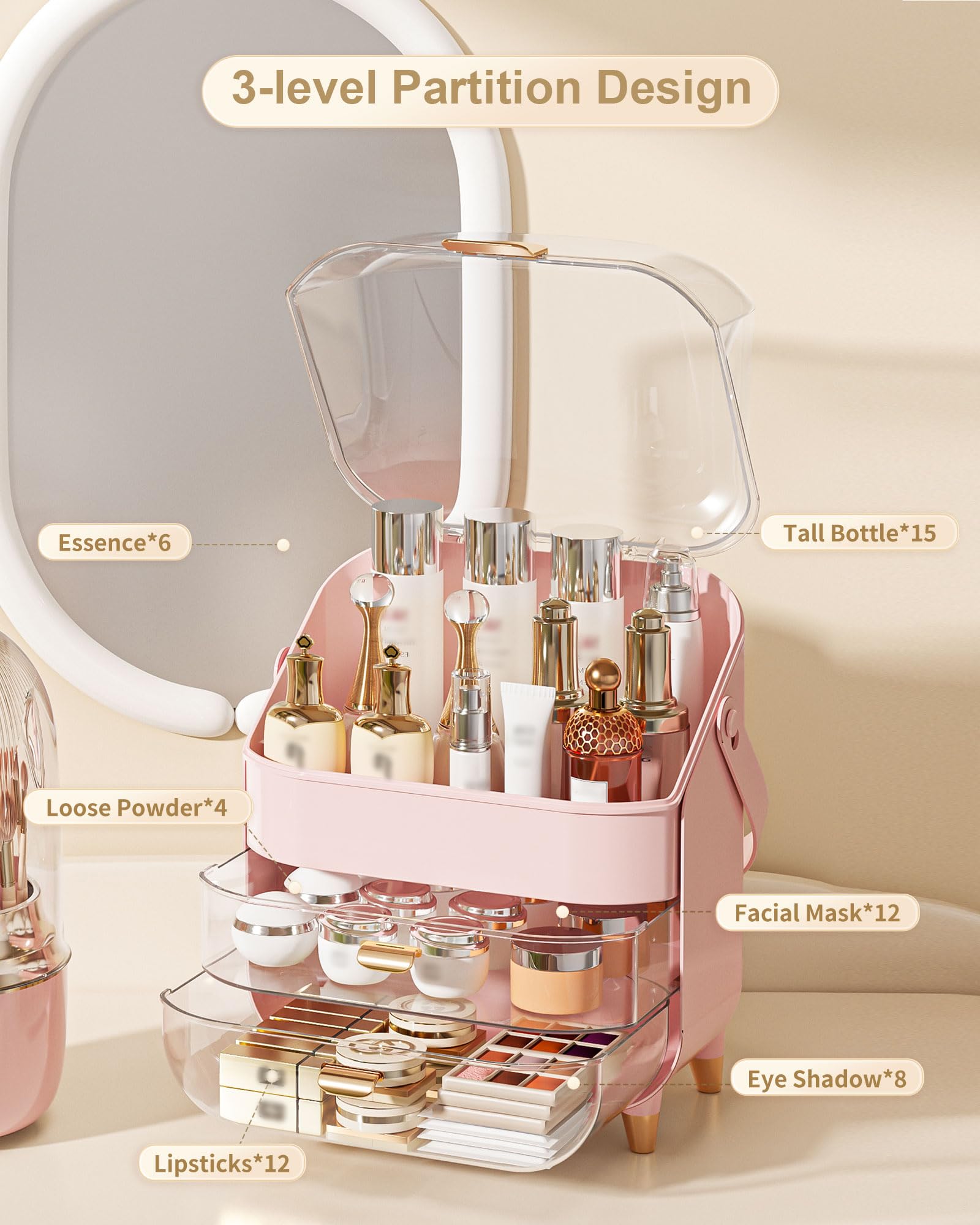 Anylady makeup box elegant round design pink enhances vanity decor and organization