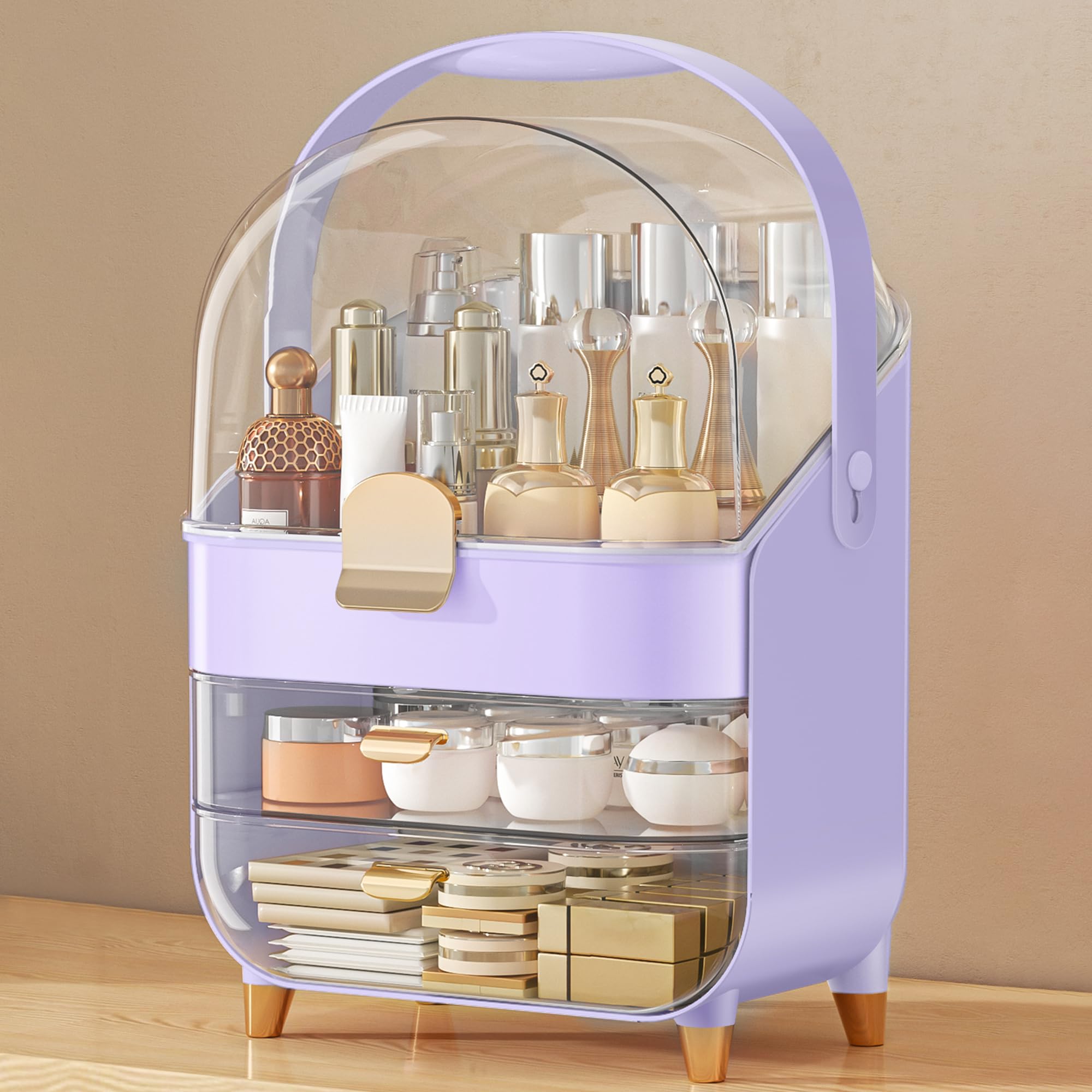 Anylady makeup organizer countertop purple three-tier stores cosmetics neatly for easy access.