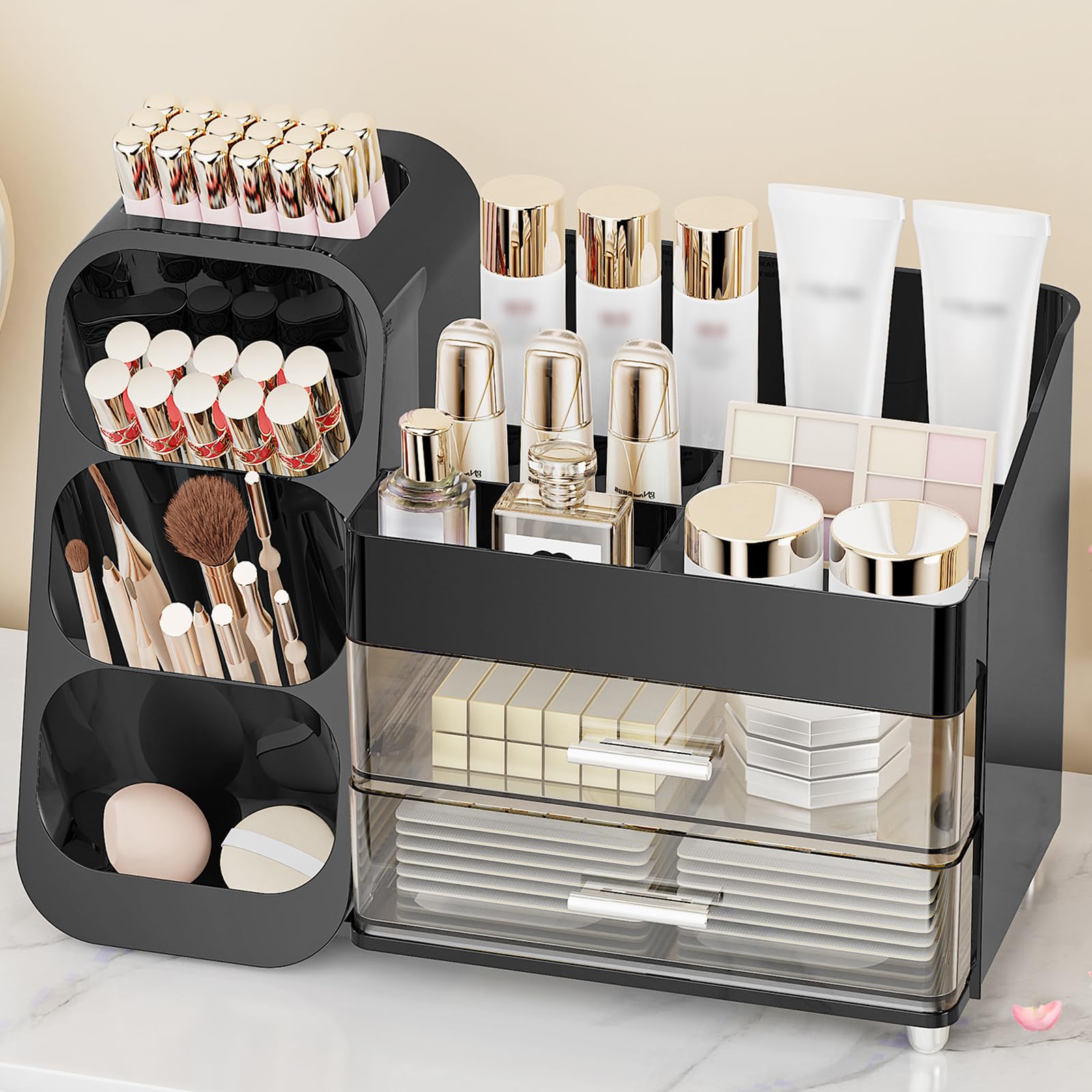 Anylady makeup-organizer-drawers-black keeps cosmetics neatly organized for quick routines.