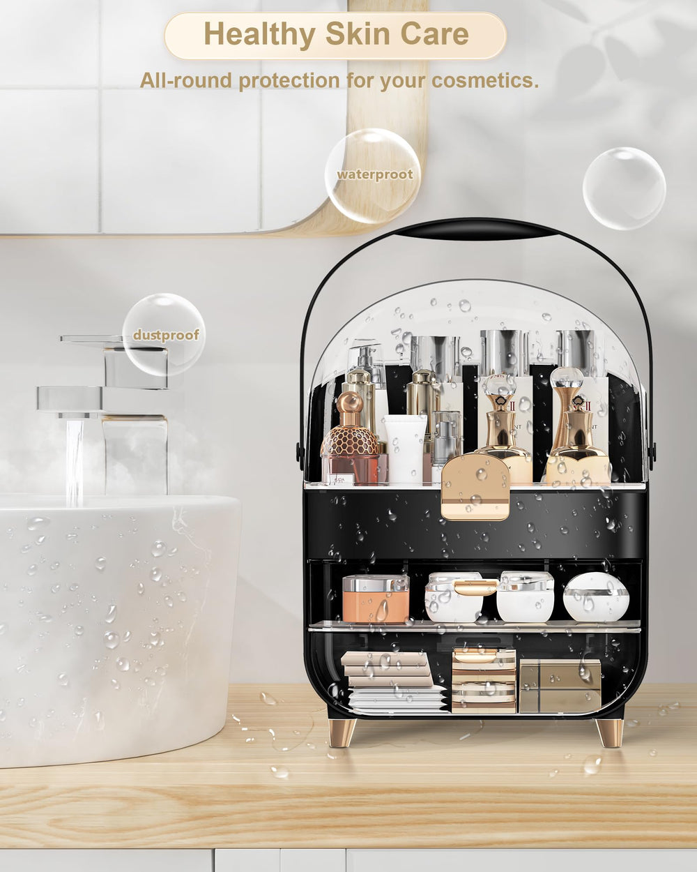 Anylady makeup storage non-slip bottom prevents sliding on countertops.