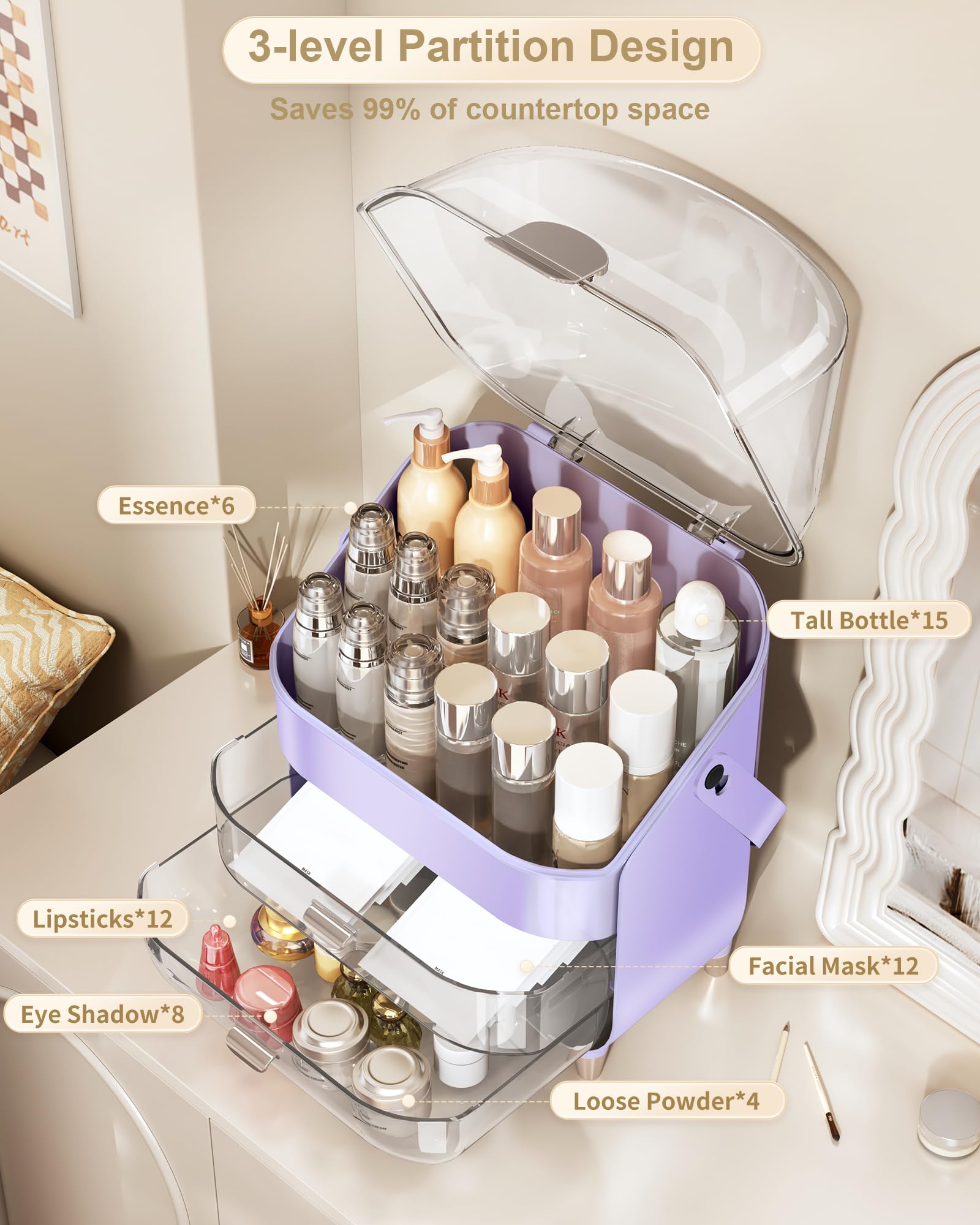 Anylady organizador cuidado piel tres niveles morado, muestra capacidad para frascos grandes.