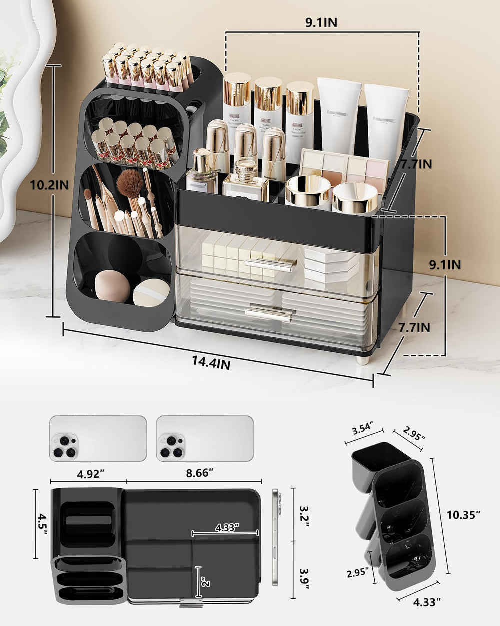 Anylady skincare-organizer-large-black keeps skincare upright and accessible during busy routines.