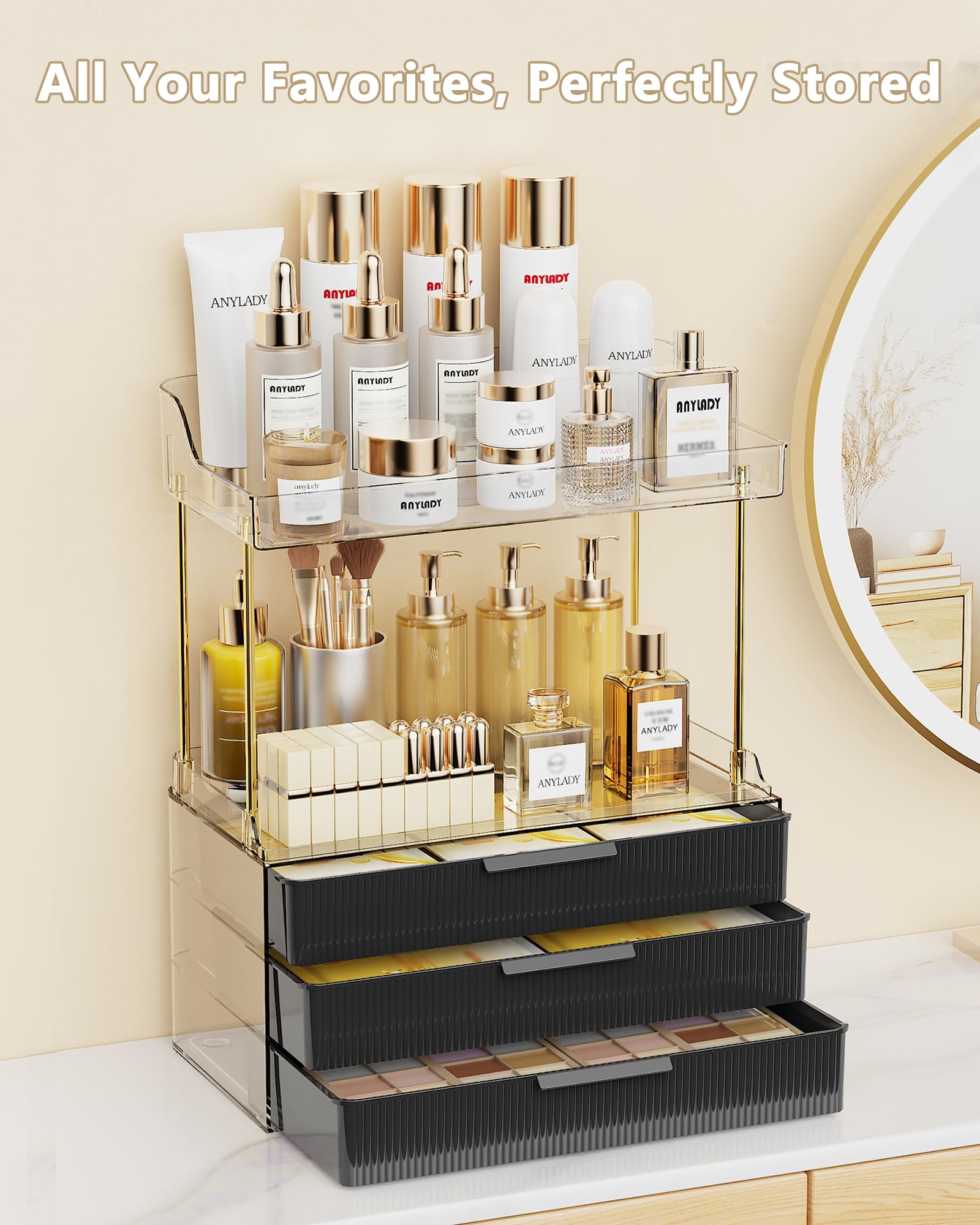 Anylady storage organizer with raised edge and non-slip base prevents tipping on countertops
