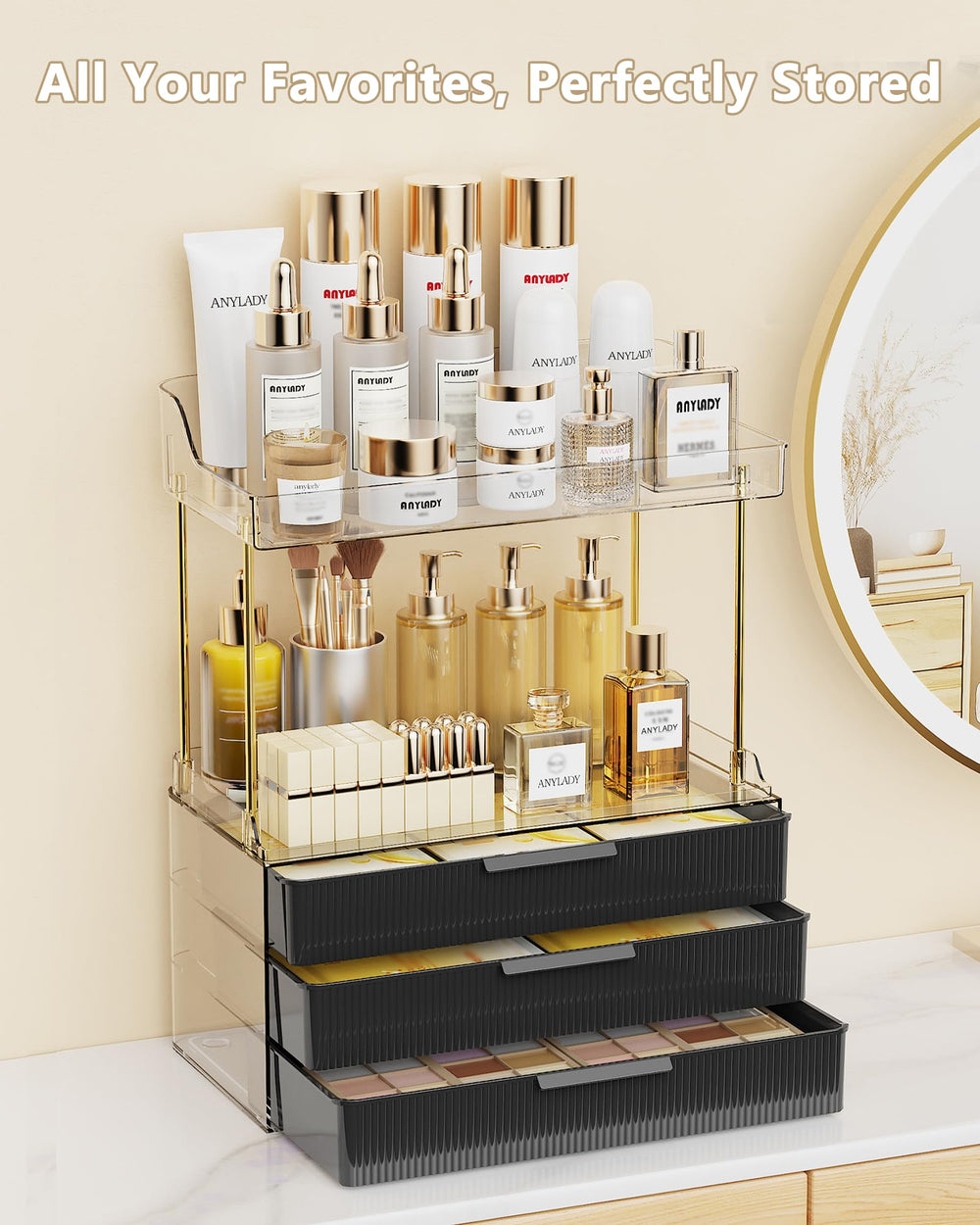 Anylady storage organizer with raised edge and non-slip base prevents tipping on countertops