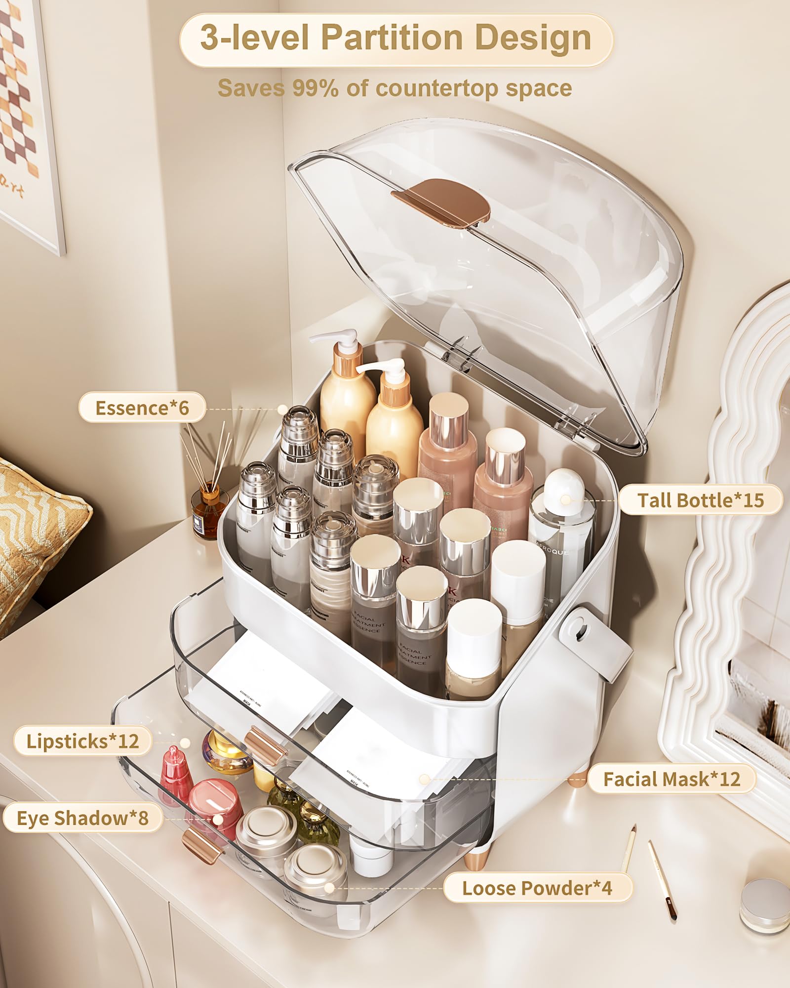 Anylady vanity storage rose gold multi-tier layout keeps cosmetics dust-free and organized