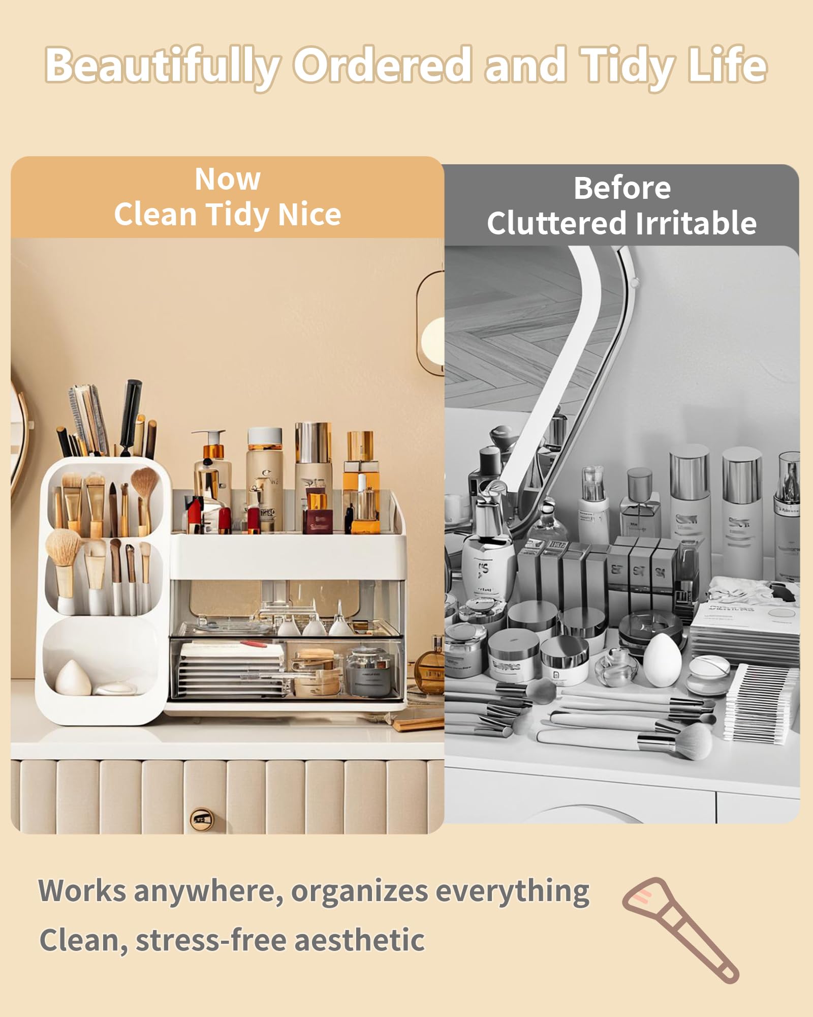 AnyLady white makeup organizer on a dresser demonstrates space-saving display.