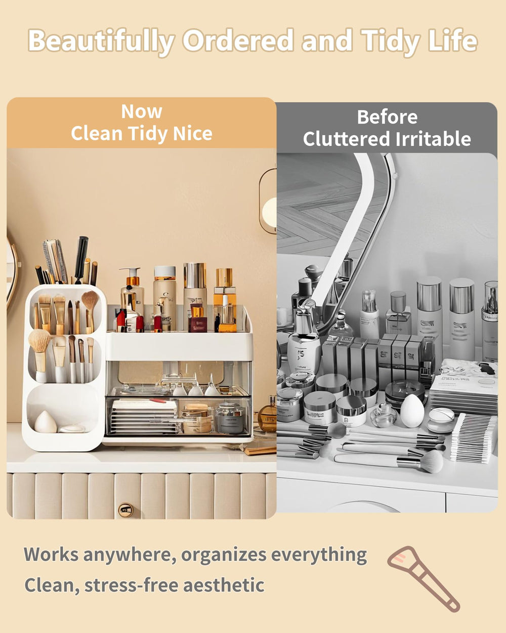 AnyLady white makeup organizer on a dresser demonstrates space-saving display.