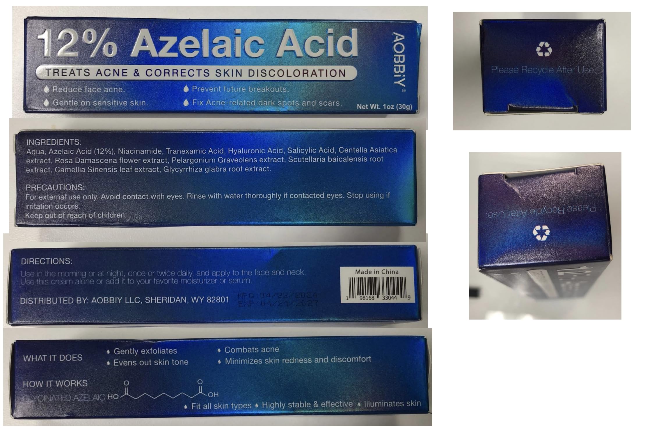 AOBBIY Azelaic Acid Cream 1 Oz tube is travel-friendly.