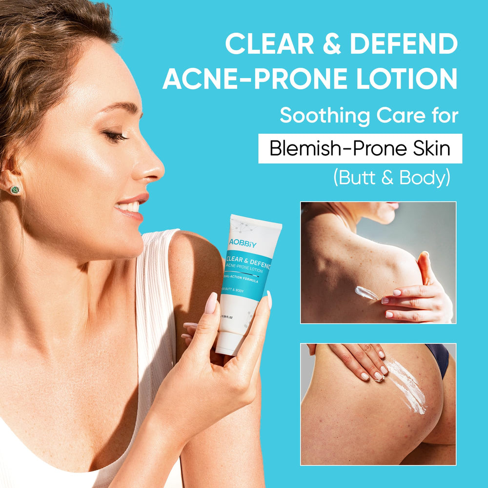 AOBBIY body acne cream application on back shows fast-absorbing lotion ideal for wear under clothing.
