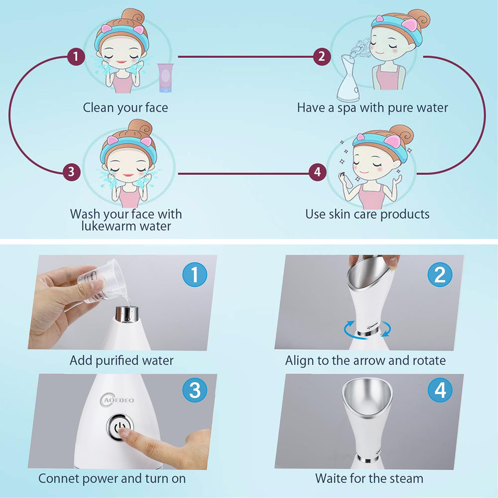AOEDEO Nano Ionic Face Steamer in use demonstrating gentle steam on skin for cleansing.